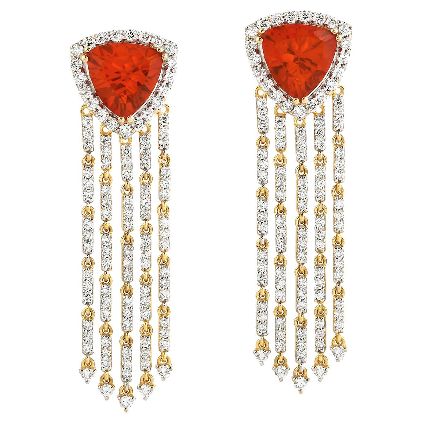 Pear Shaped Fire Opal Waterfall Earrings With Diamonds In 18k Yellow Gold For Sale