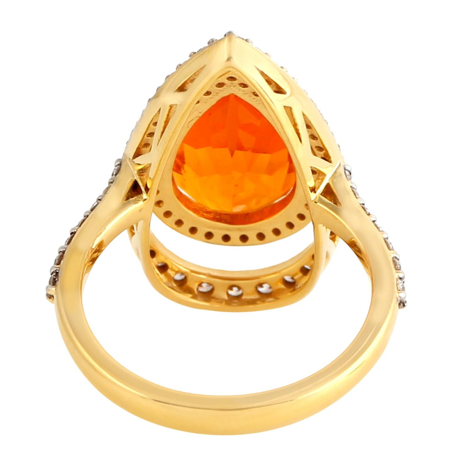 Art Nouveau Pear Shaped Fire Opal Cocktail Ring With Diamonds Made In 18k Yellow Gold For Sale