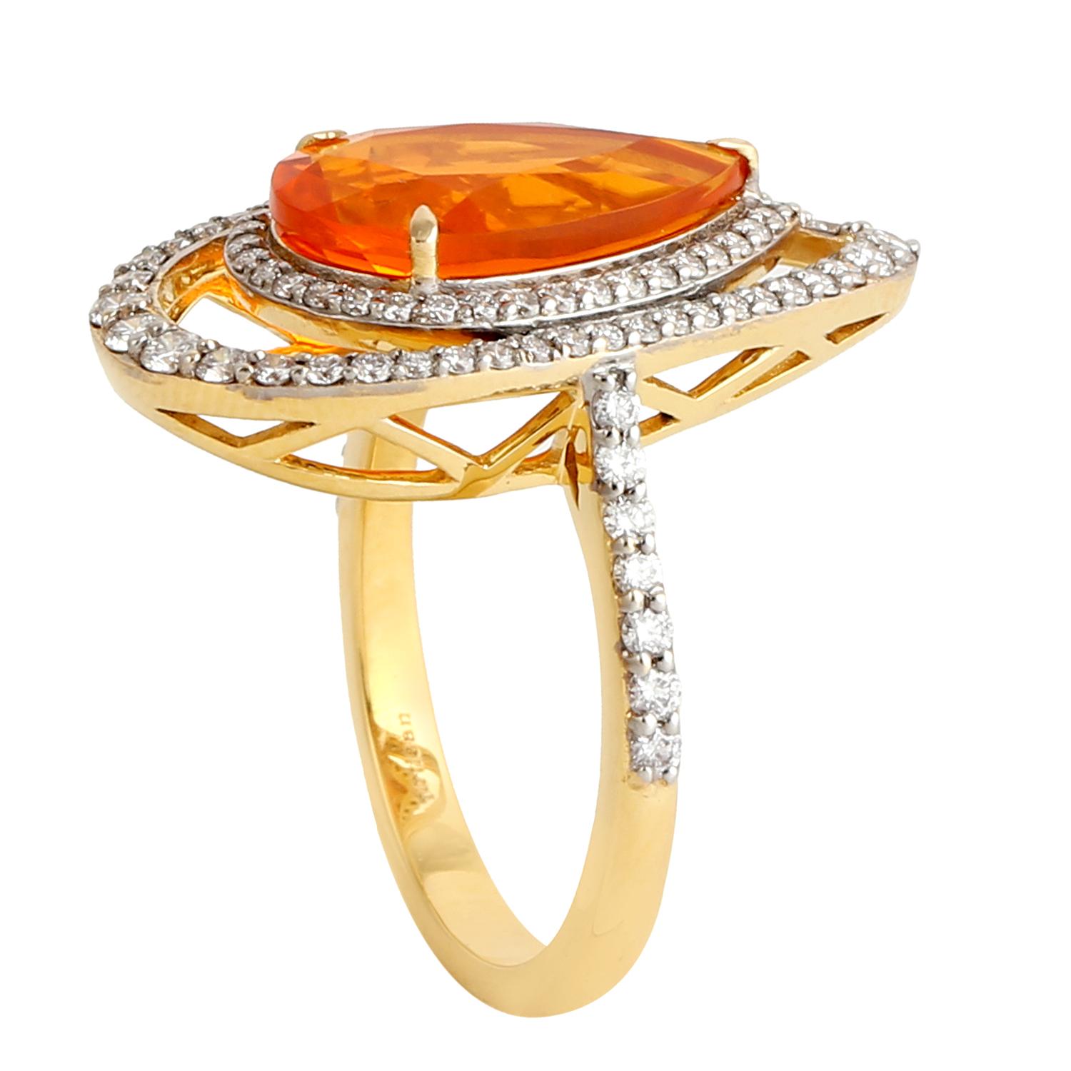 Mixed Cut Pear Shaped Fire Opal Cocktail Ring With Diamonds Made In 18k Yellow Gold For Sale