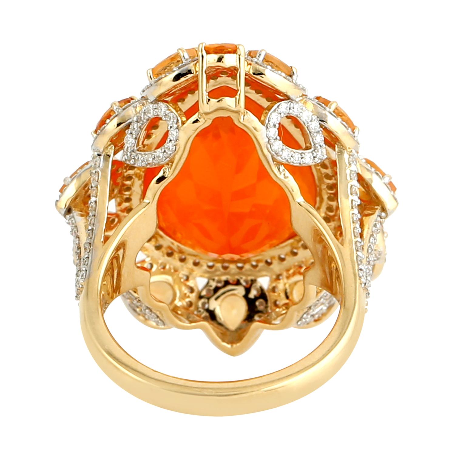 Artisan Pear Shaped Fire Opal Cocktail Ring With Garnet & Diamonds In 18k Yellow Gold For Sale