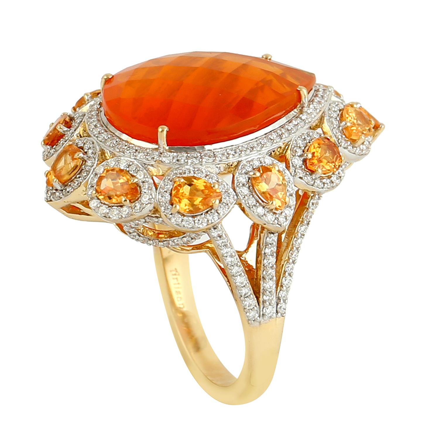 Mixed Cut Pear Shaped Fire Opal Cocktail Ring With Garnet & Diamonds In 18k Yellow Gold For Sale