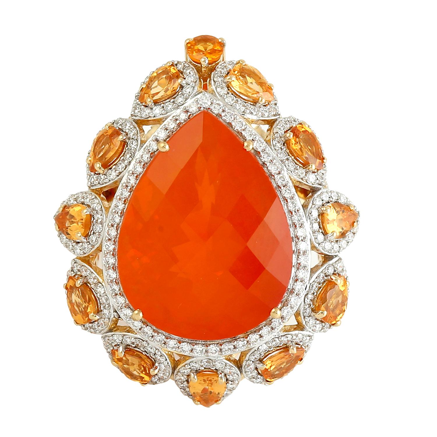 Pear Shaped Fire Opal Cocktail Ring With Garnet & Diamonds In 18k Yellow Gold In New Condition For Sale In New York, NY