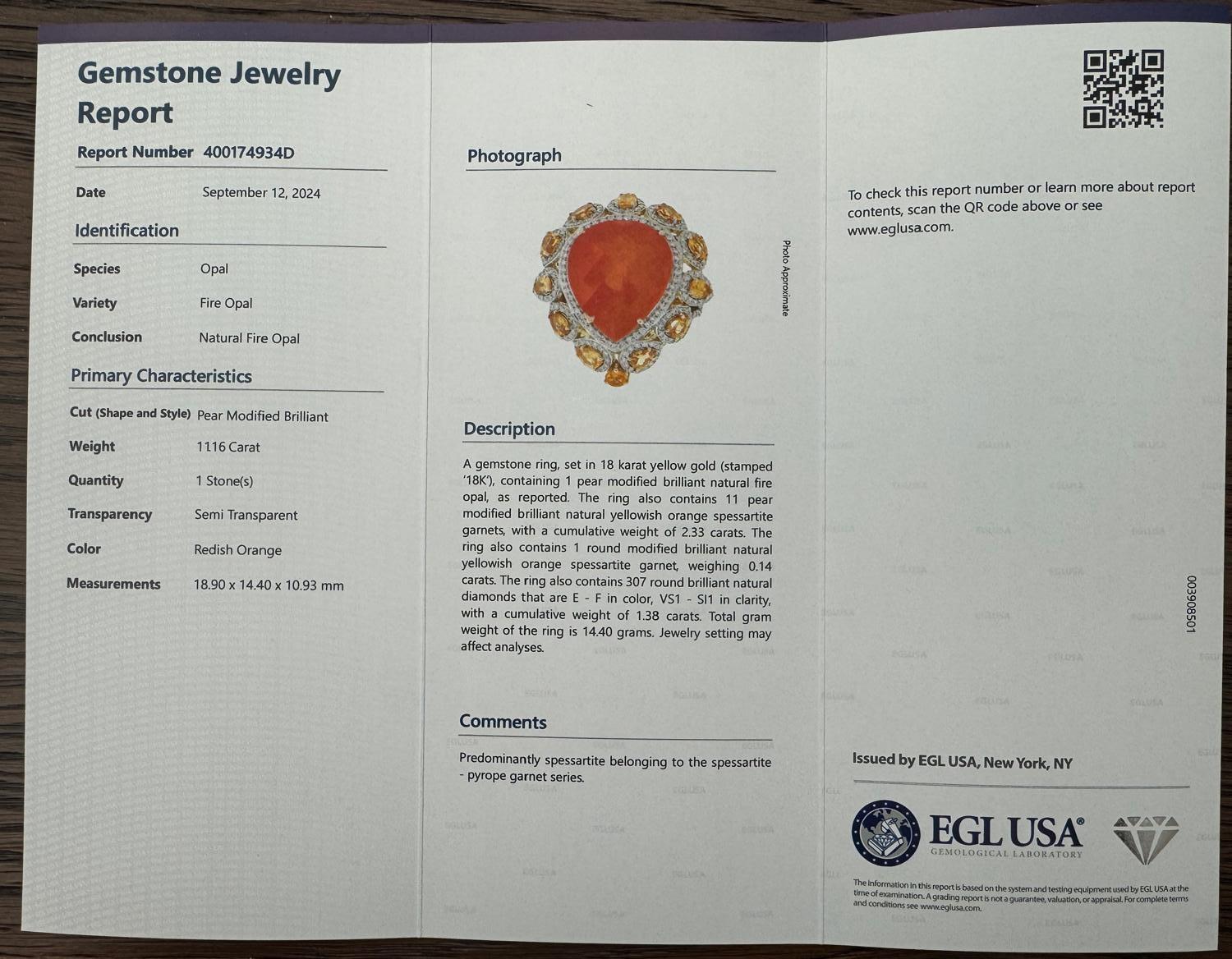 Pear Shaped Fire Opal Cocktail Ring With Garnet & Diamonds In 18k Yellow Gold For Sale 1