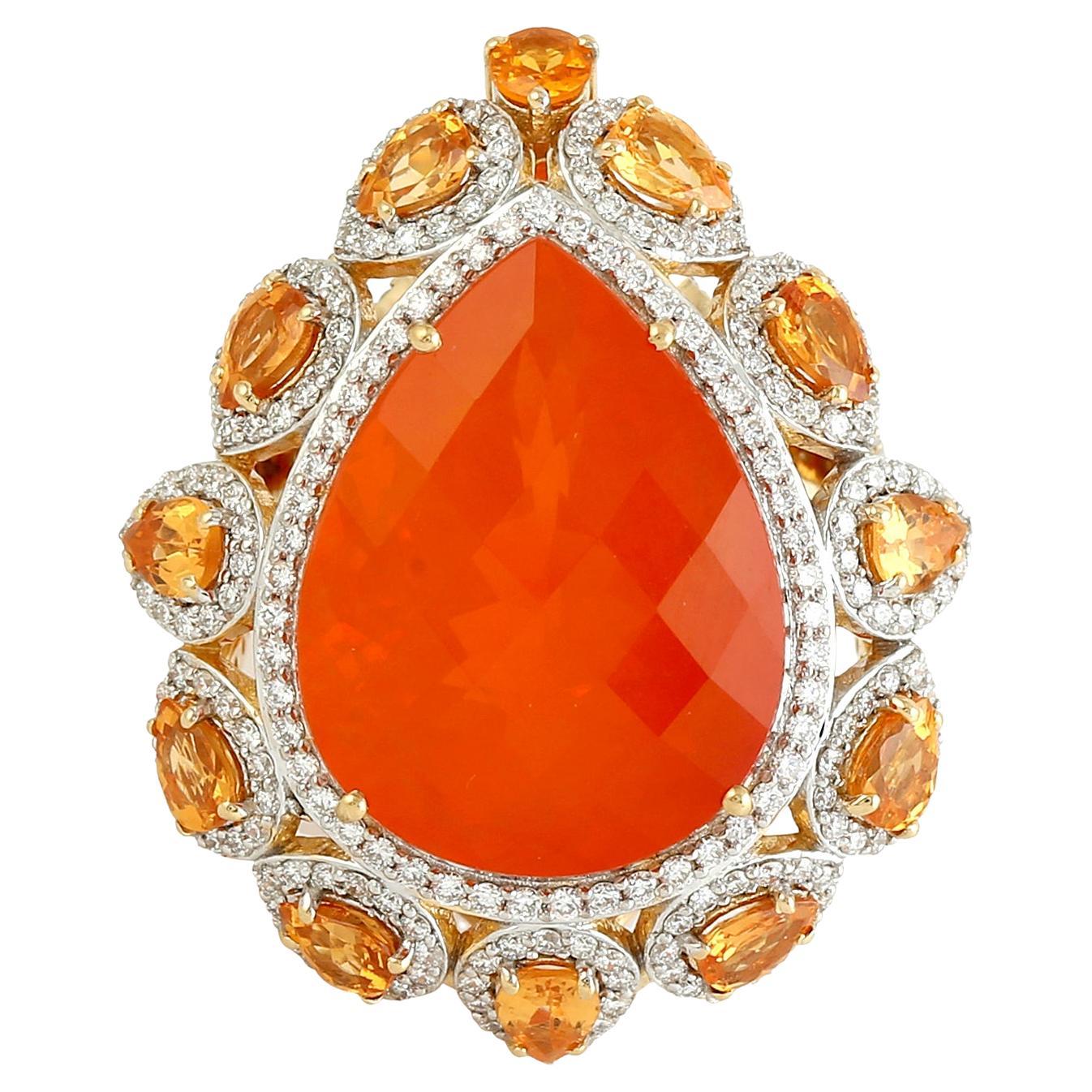 Pear Shaped Fire Opal Cocktail Ring With Garnet & Diamonds In 18k Yellow Gold For Sale