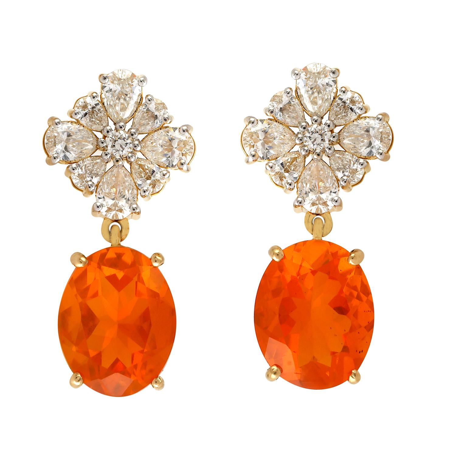 Contemporary Oval Shaped Fire Opal Dangle Earrings Accented With Diamonds In 18k Yellow Gold For Sale