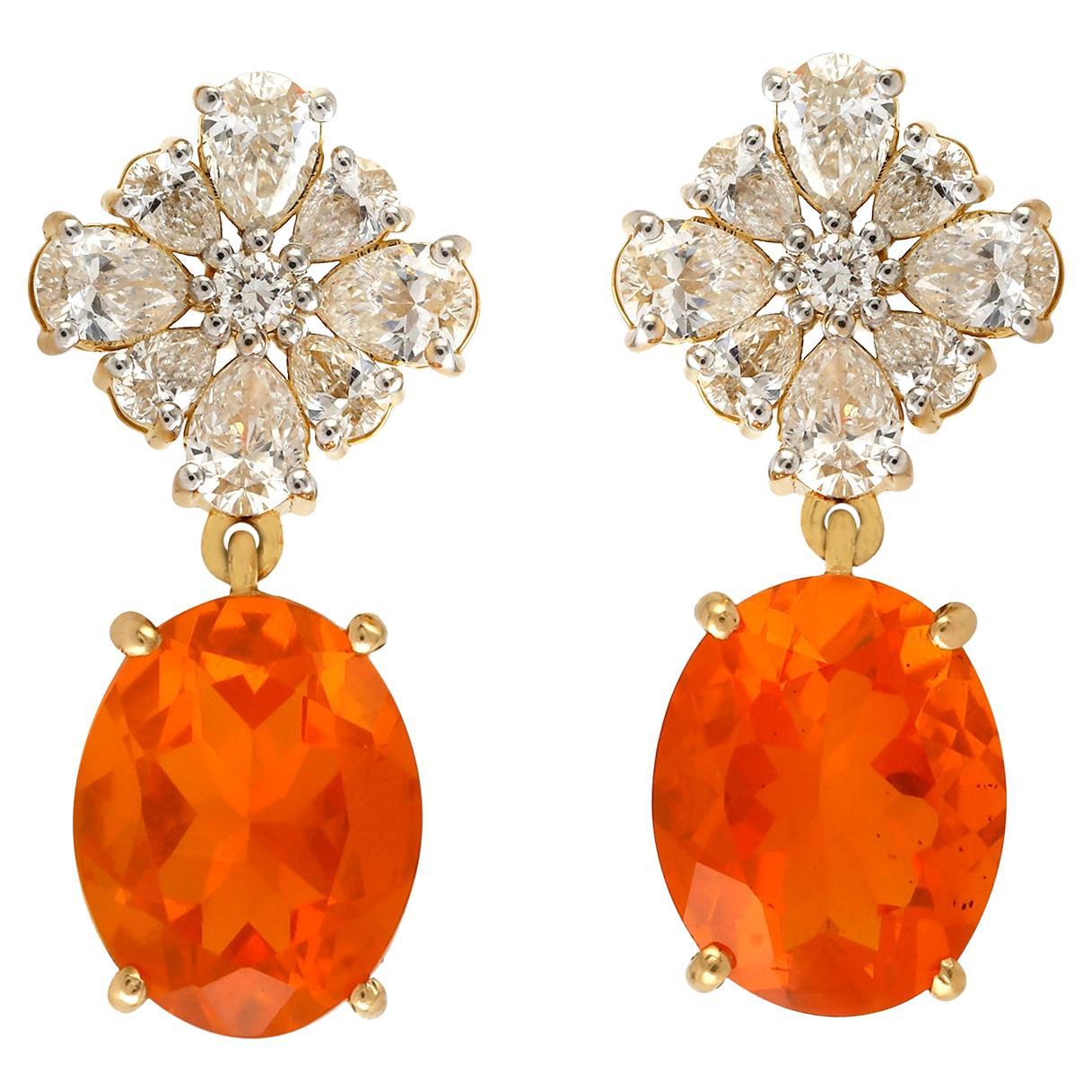 Oval Shaped Fire Opal Dangle Earrings Accented With Diamonds In 18k Yellow Gold For Sale