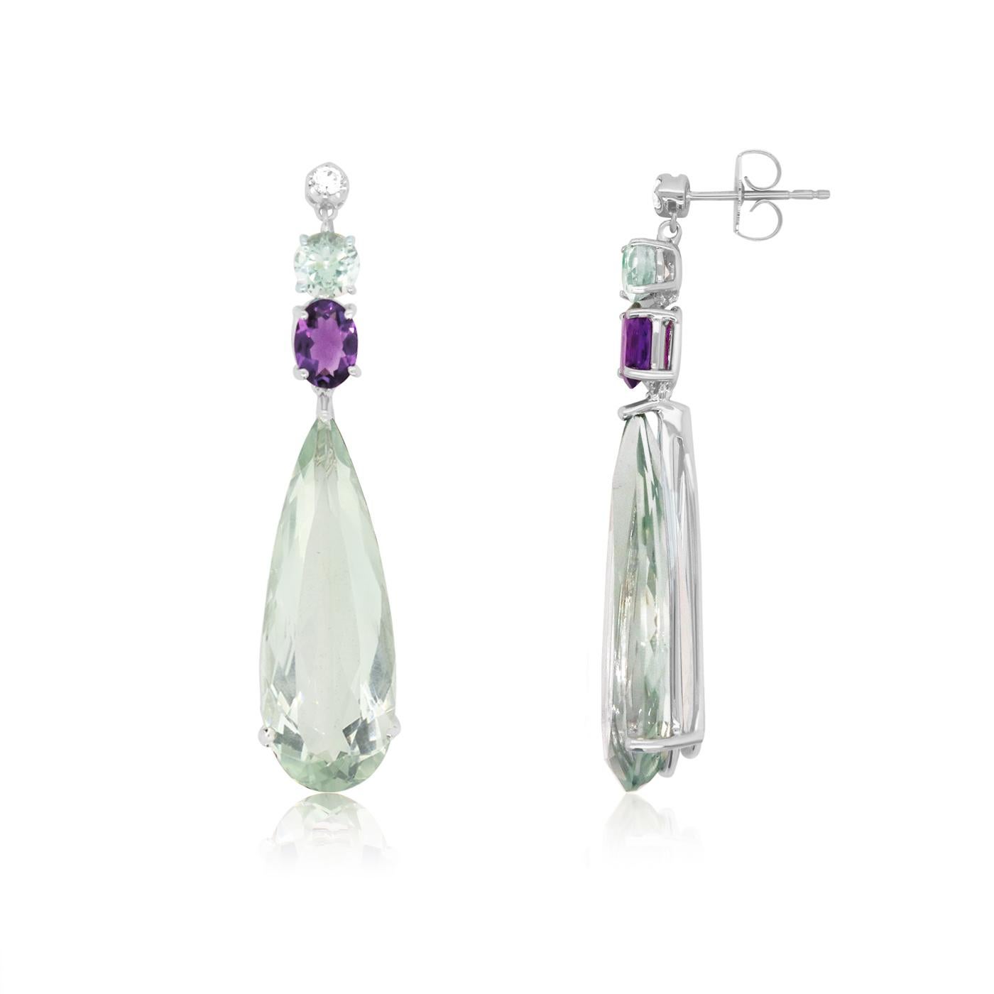 Material: 14k White Gold 
Stones: 2 Pear Shape Green Amethysts at 23.80 Carats Total
Accent Stones: 2 Round Green Amethysts at 1.07 Carats Total
Accent Stones: 2 Round Purple Amethysts at 1.40 Carats Total
Accent Stones: 2 Round White Diamonds at
