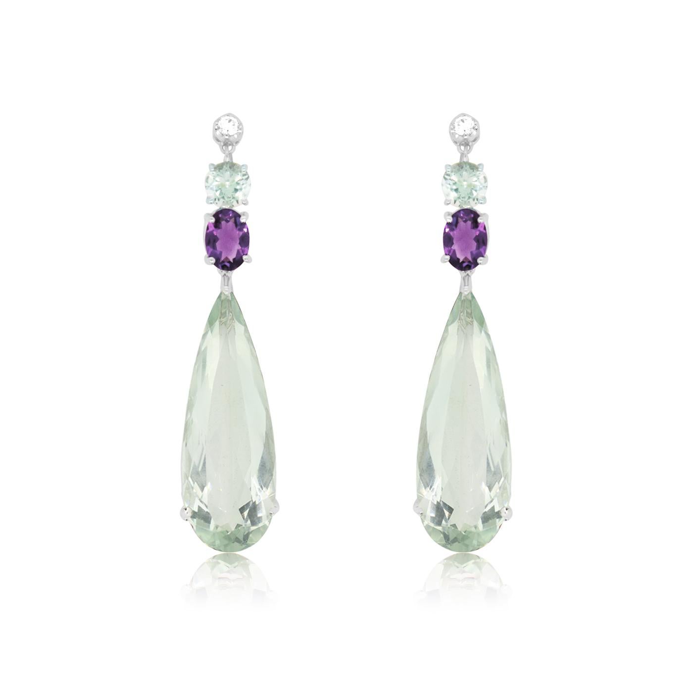 Contemporary Green Purple Amethyst Pear Bold Drop Dangle Chandelier Earrings 14K White Gold For Sale