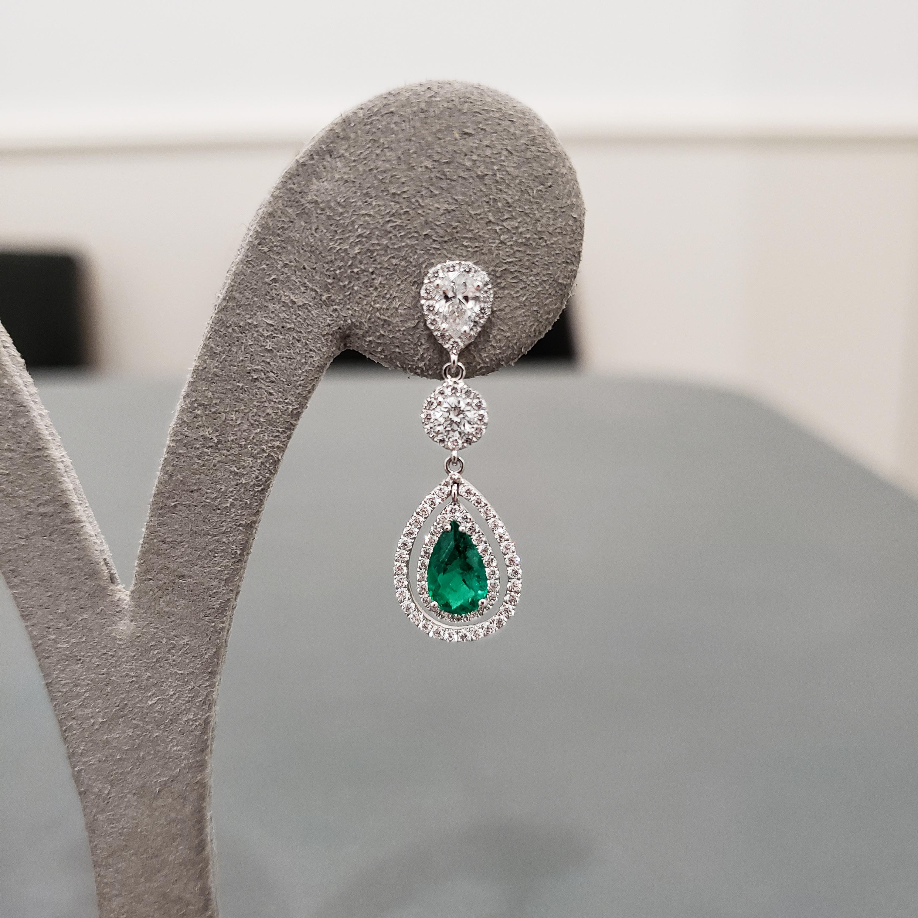 Modern Roman Malakov, Pear Shaped Green Emerald and Diamond Double Halo Dangle Earrings