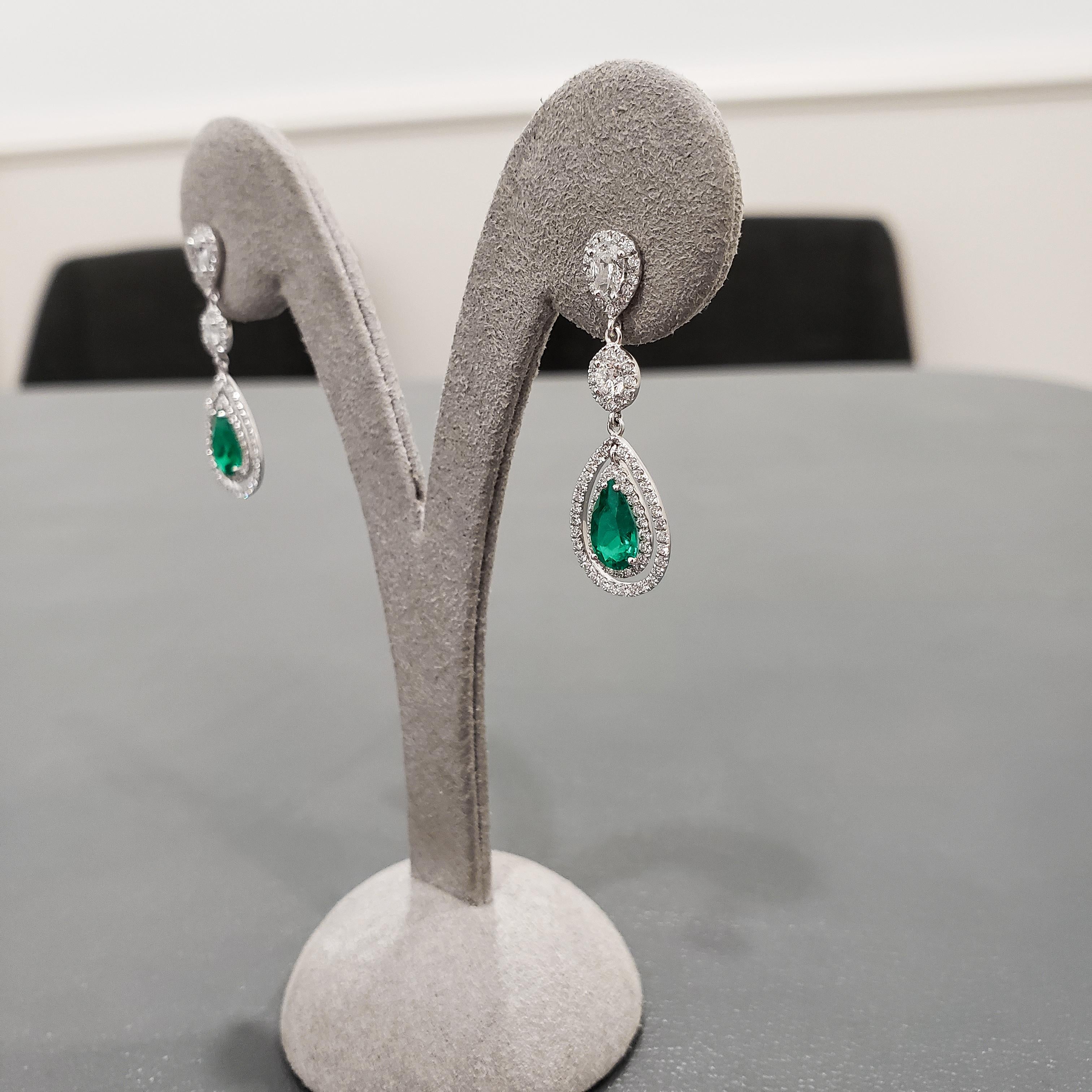 Pear Cut Roman Malakov, Pear Shaped Green Emerald and Diamond Double Halo Dangle Earrings