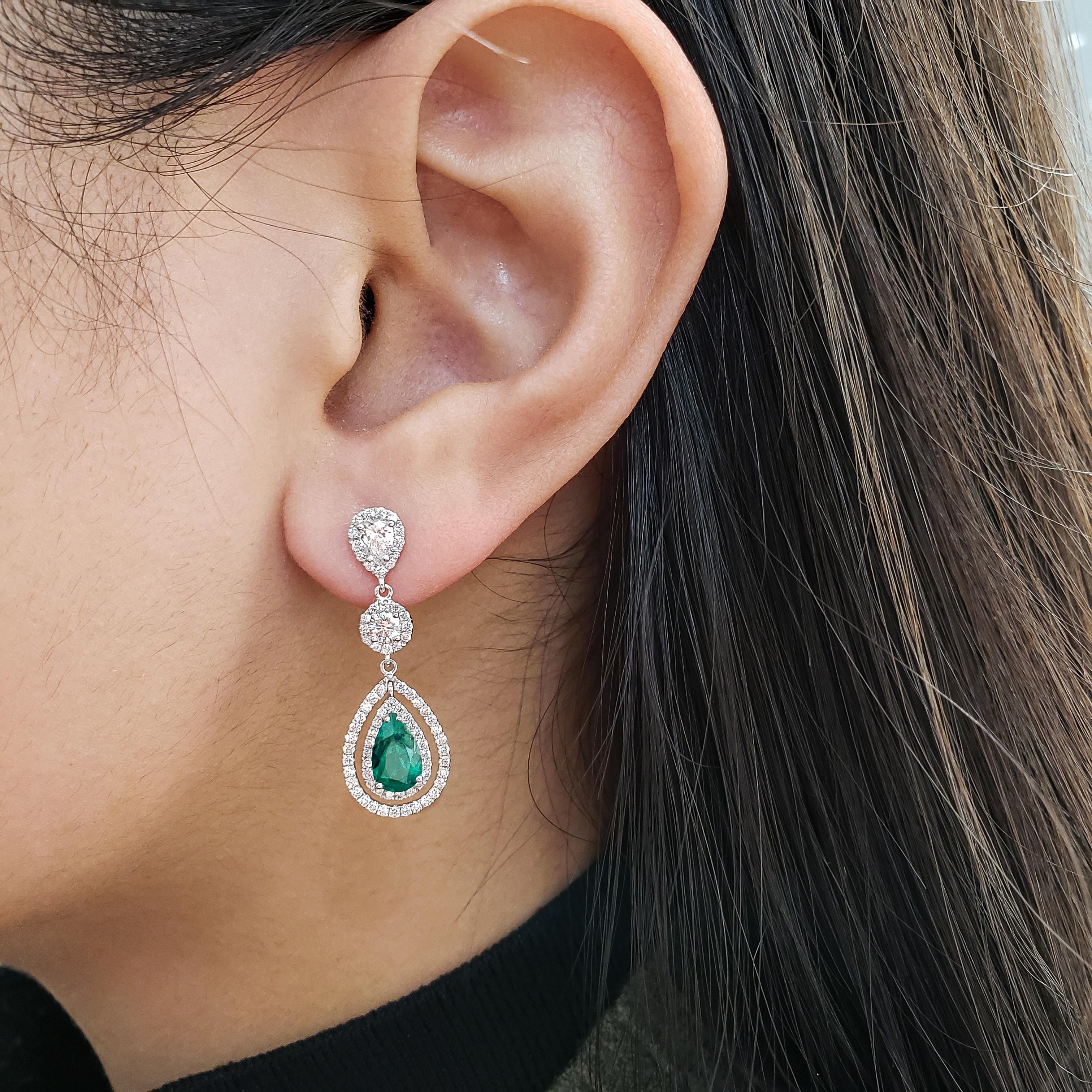 Roman Malakov, Pear Shaped Green Emerald and Diamond Double Halo Dangle Earrings In New Condition In New York, NY