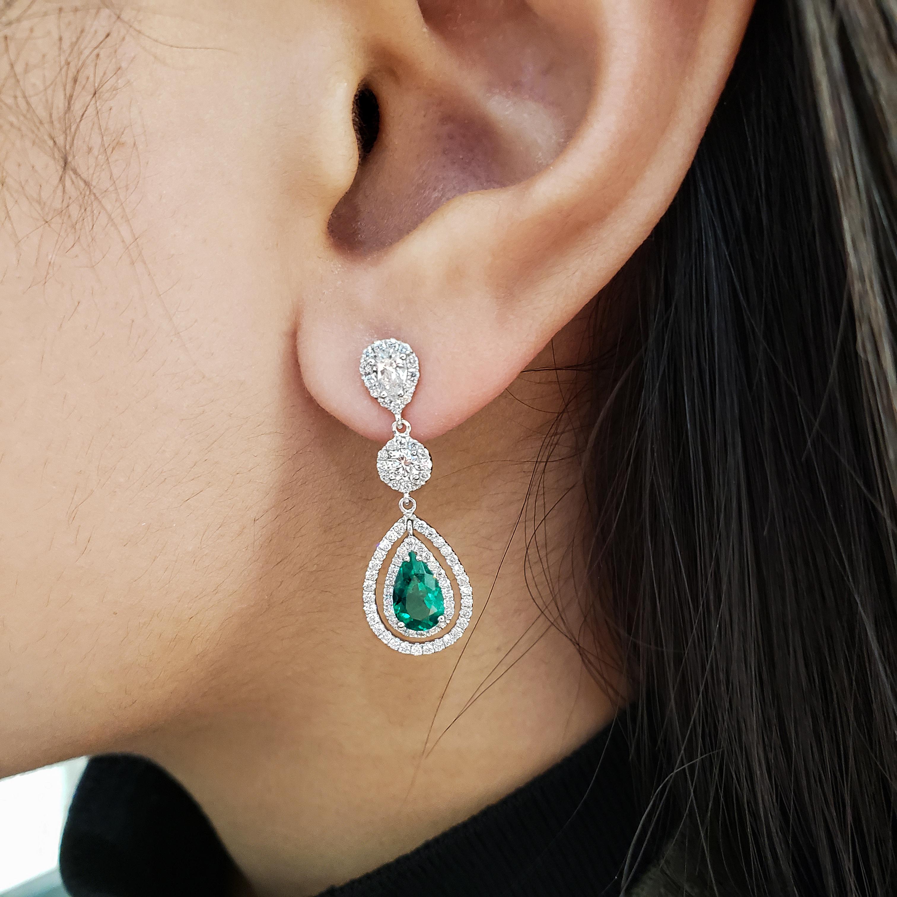 Women's Roman Malakov, Pear Shaped Green Emerald and Diamond Double Halo Dangle Earrings