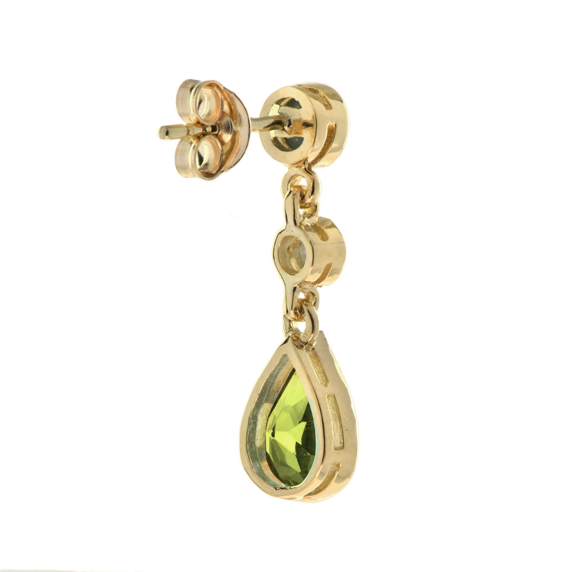 Pear Cut Pear Shaped Green Peridot & Peal Drop 14K Yellow Gold Earrings For Sale