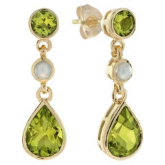Pear Shaped Green Peridot & Peal Drop 14K Yellow Gold Earrings