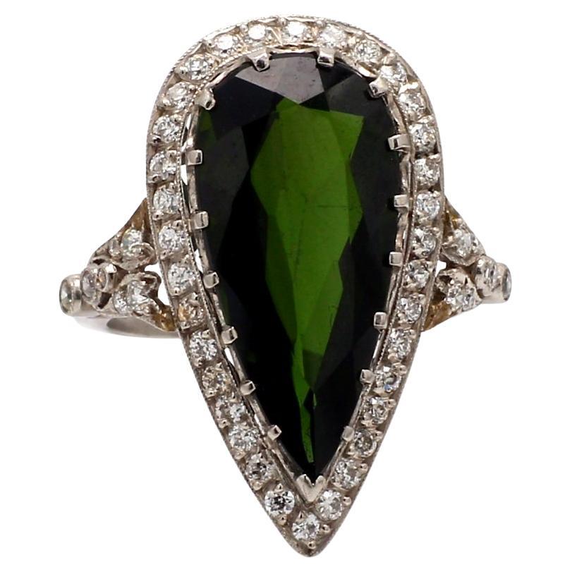 Pear-Shaped Green Tourmaline Ring with Round Diamond Accents