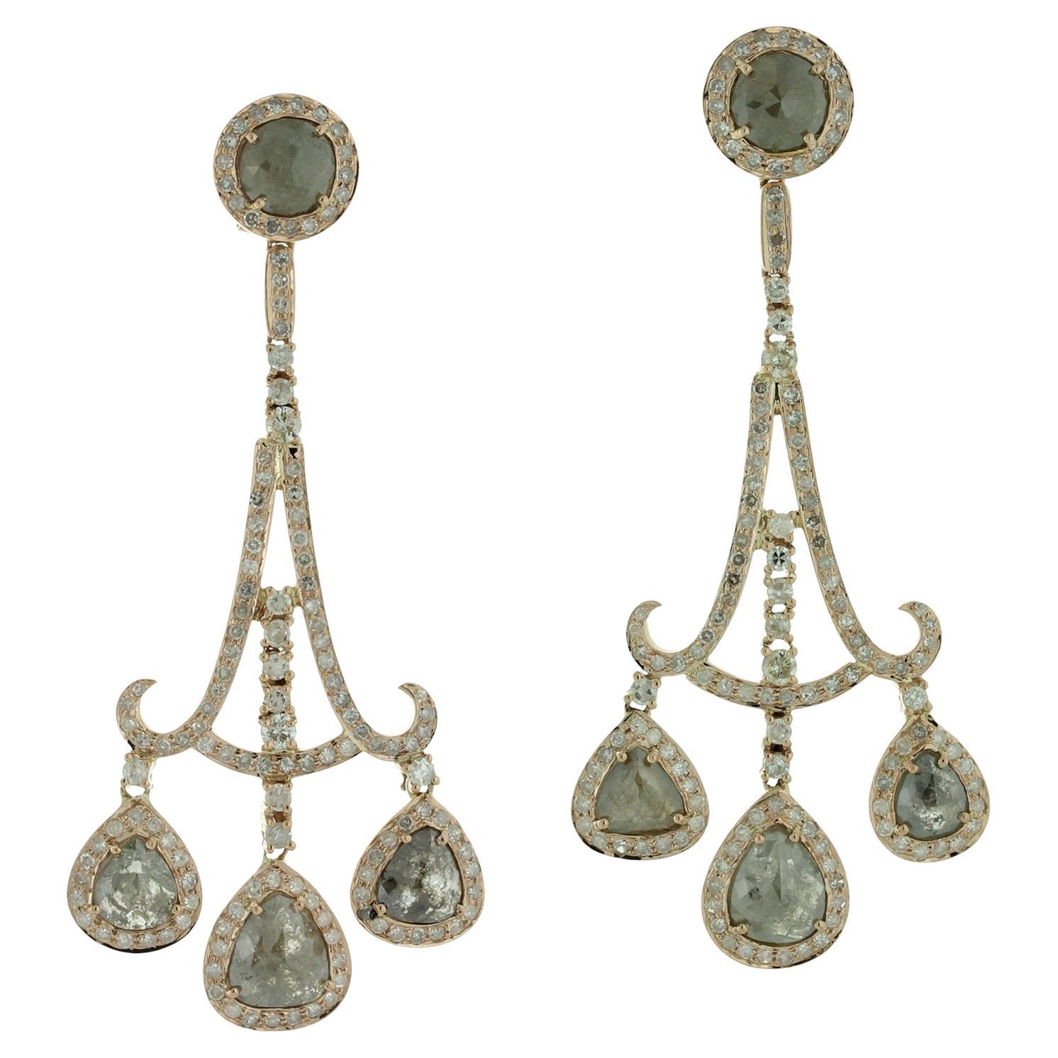 Pear Shaped Ice Diamond Chandelier Earrings Made In 18k White Gold For Sale