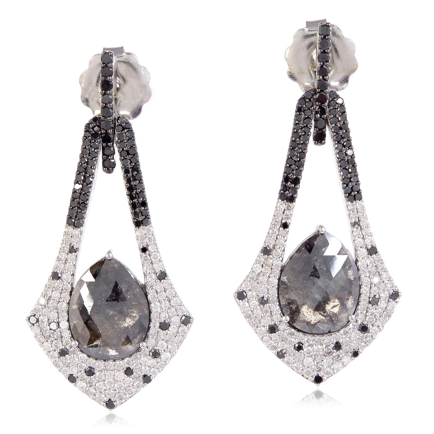 Mixed Cut Pear Shaped Ice Diamond Dangle Earrings with Pave Diamonds in 18k White Gold For Sale