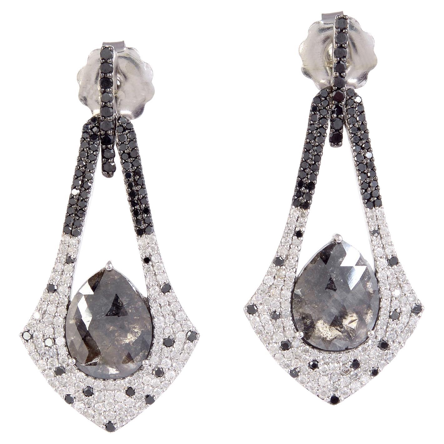 Pear Shaped Ice Diamond Dangle Earrings with Pave Diamonds in 18k White Gold For Sale