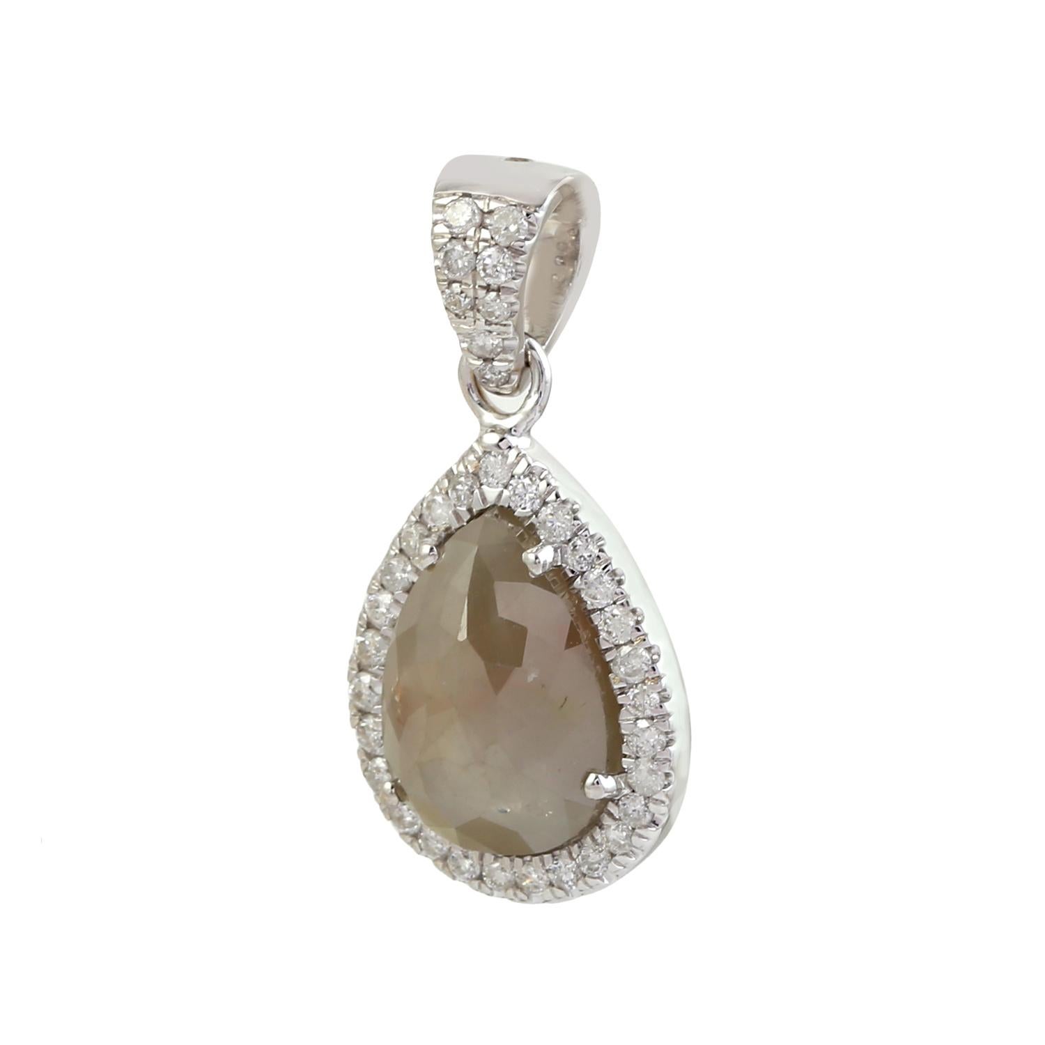 Taglio misto Ciondolo minimale con diamante di ghiaccio a forma di pera e diamanti in oro bianco 18 carati in vendita