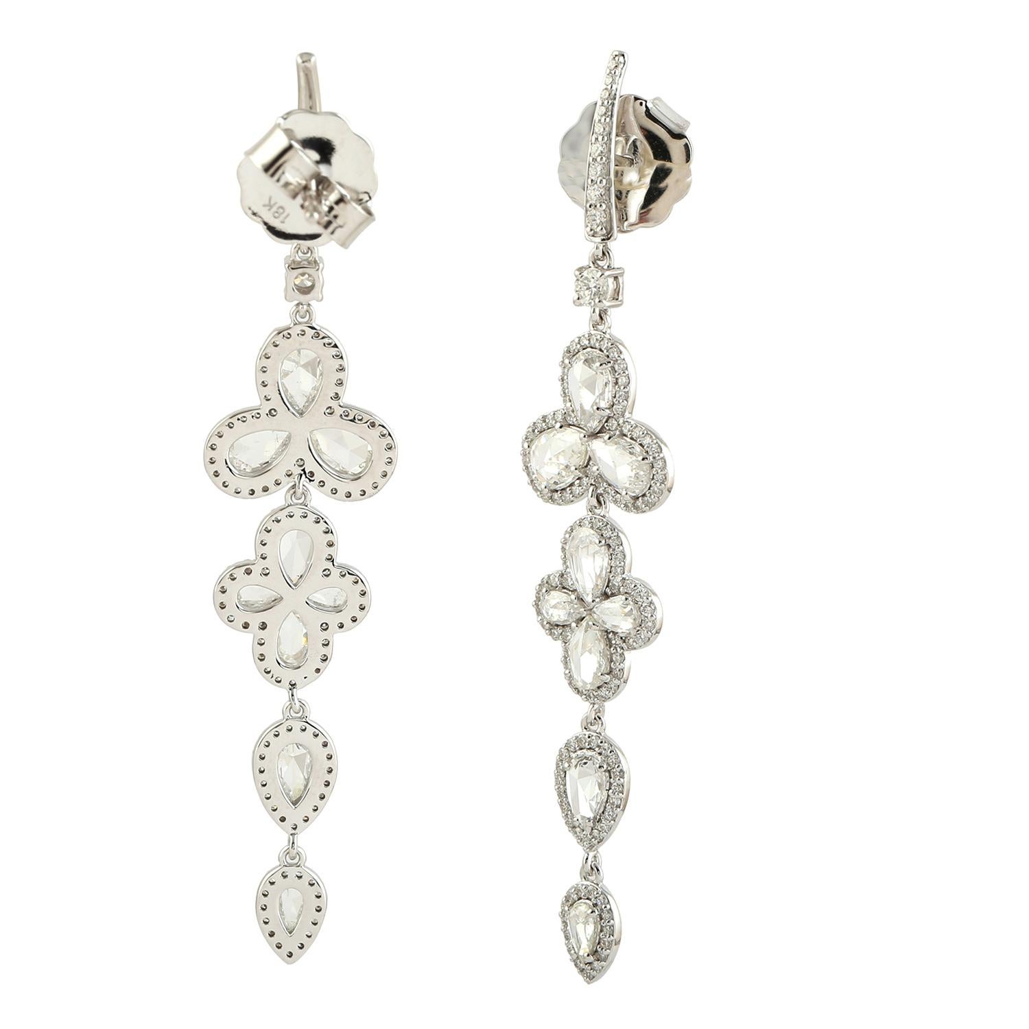 Art Deco Pear Shaped Ice Diamonds Multi Tier Dangle Earrings In 18k White Gold For Sale