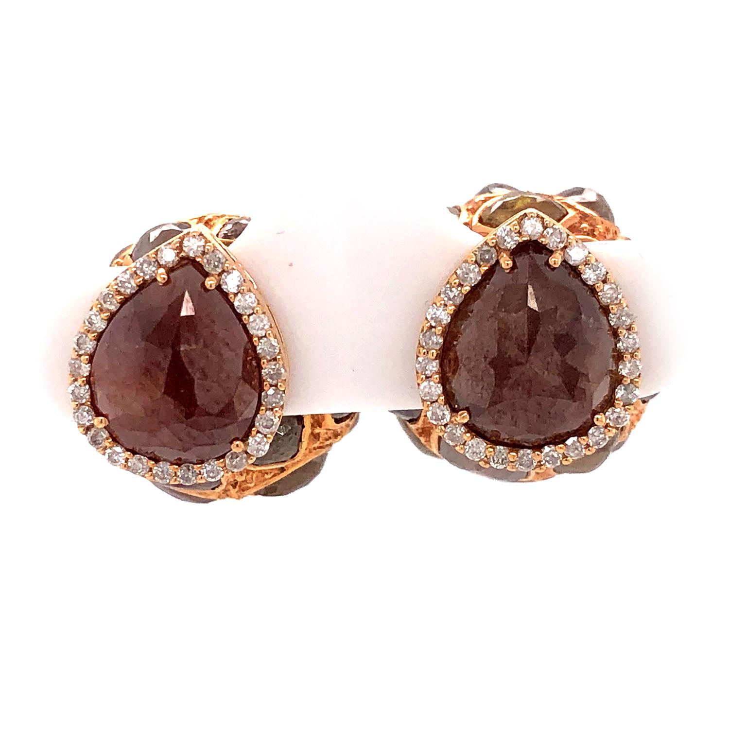 Artisan Pear Shaped Ice Diamonds Tunnel Earrings Made in 18k Yellow Gold For Sale