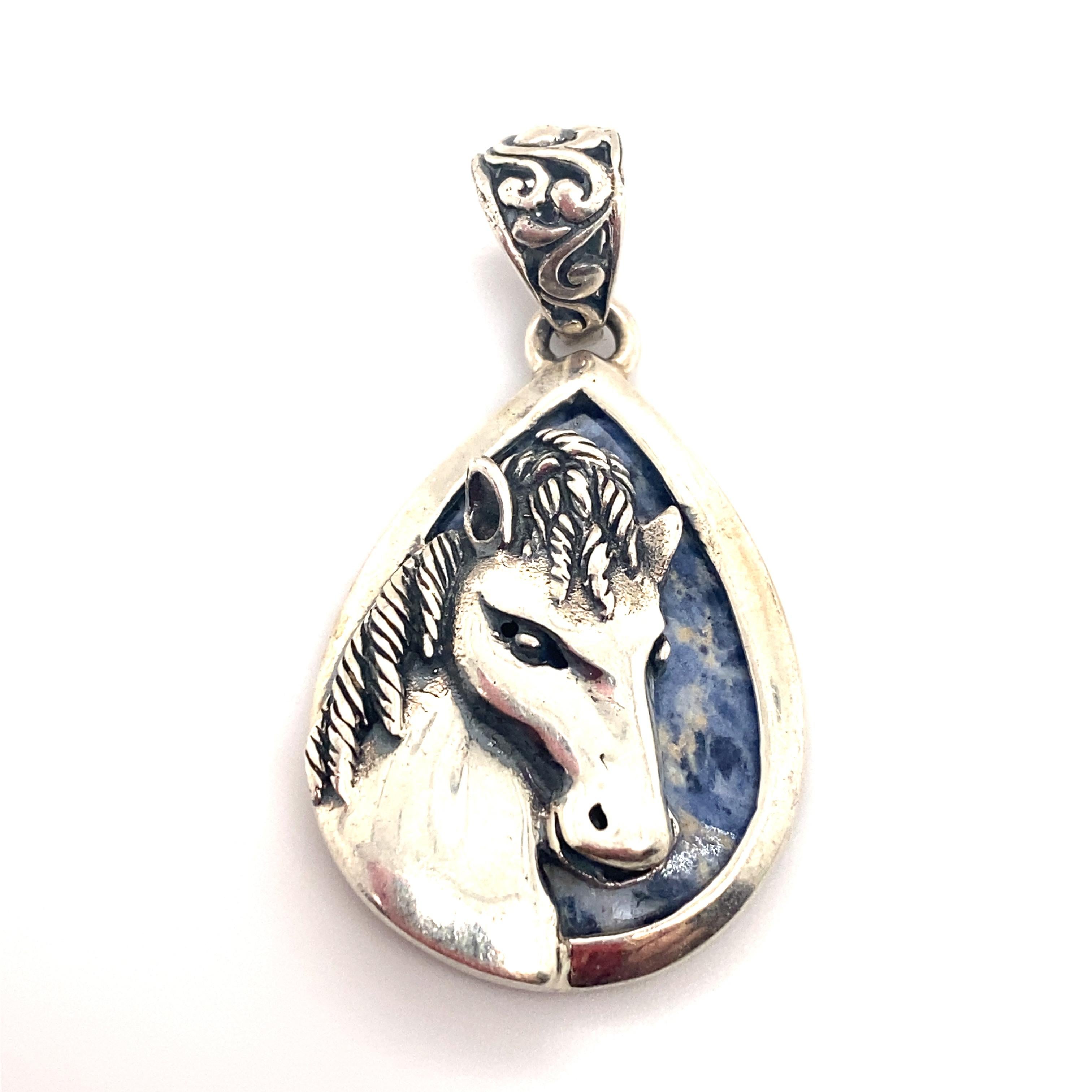 Pear Cut Pear Shaped Labradorite Equestrian Horse Pendant in Sterling Silver For Sale
