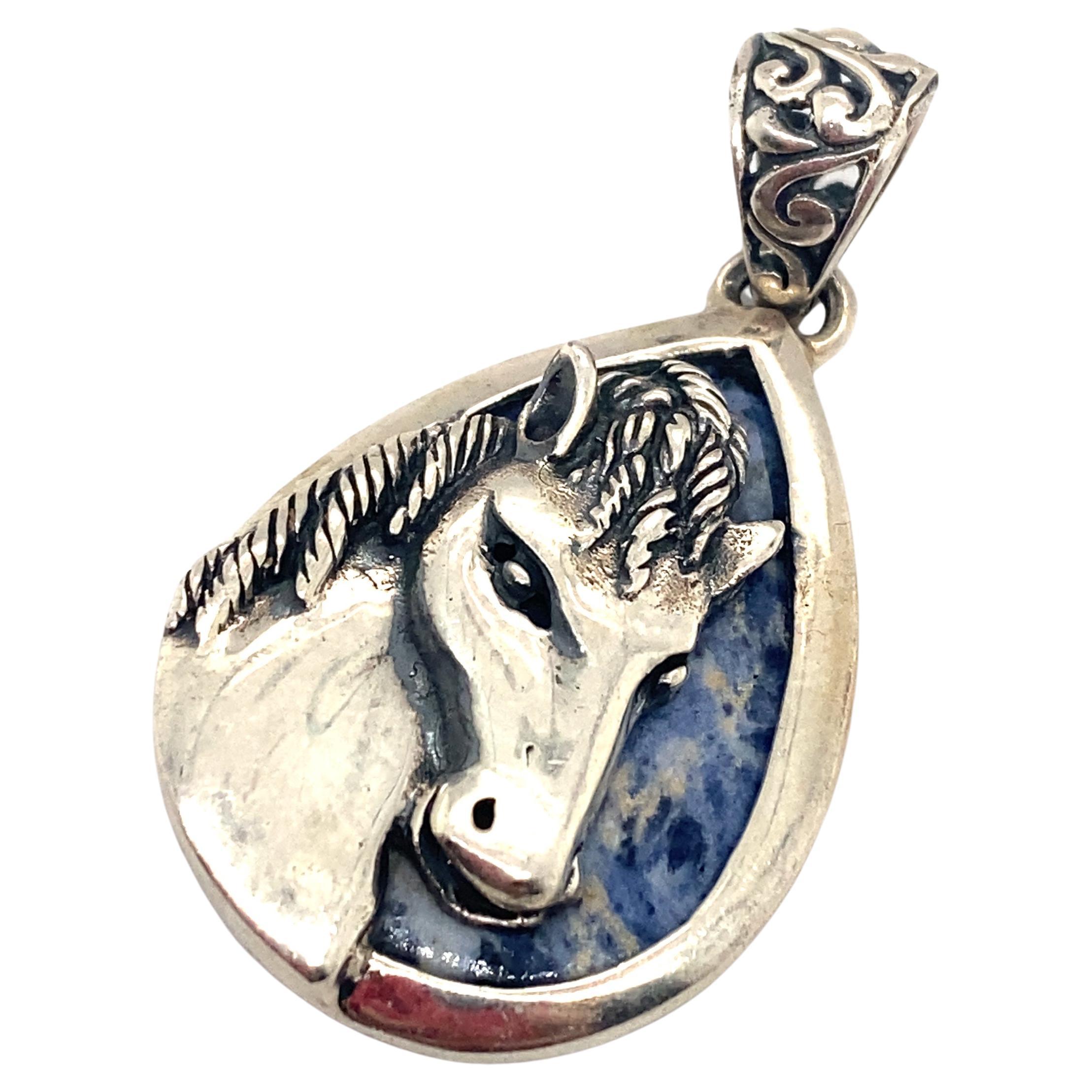 Pear Shaped Labradorite Equestrian Horse Pendant in Sterling Silver For Sale