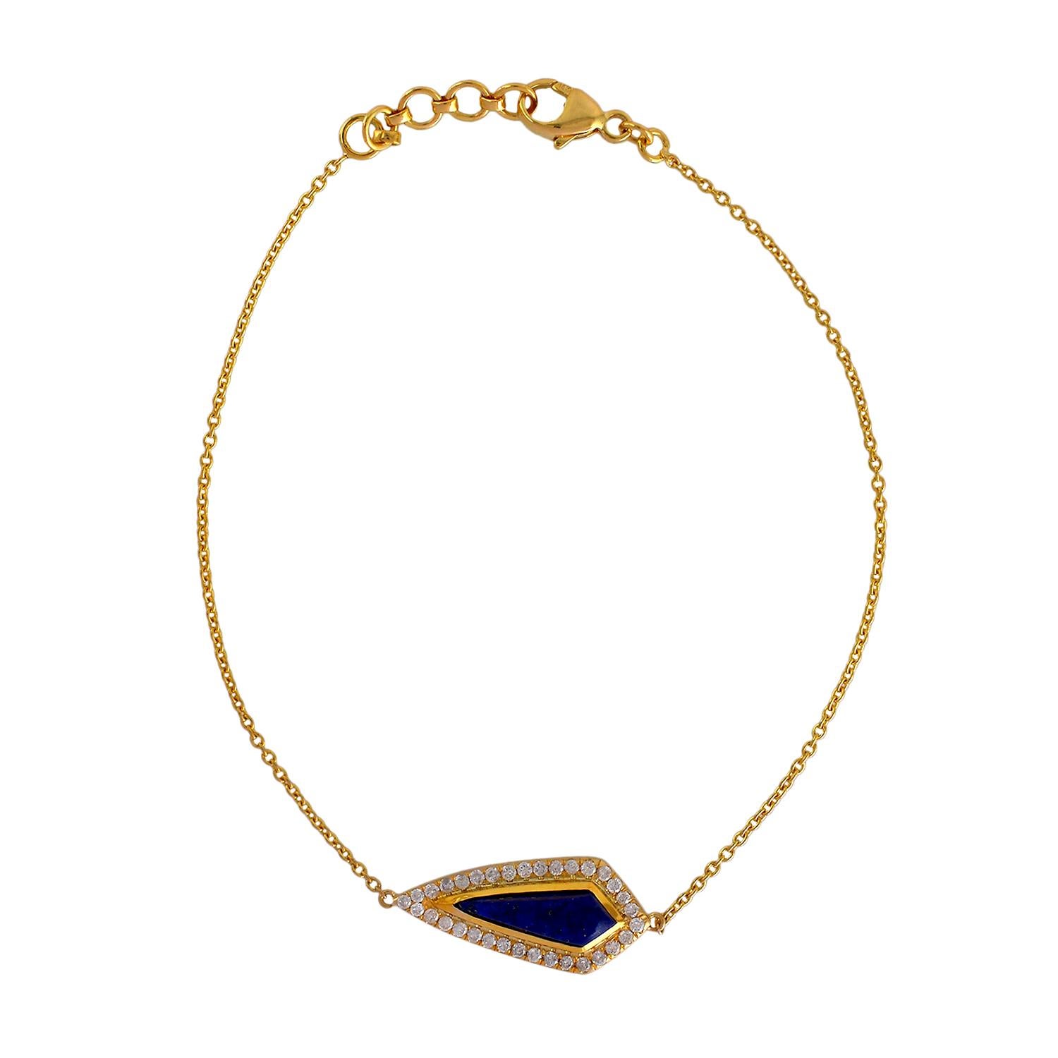 Contemporary Pear Shaped Lapis Bracelet With Pave Diamonds Made In 18k yellow Gold For Sale