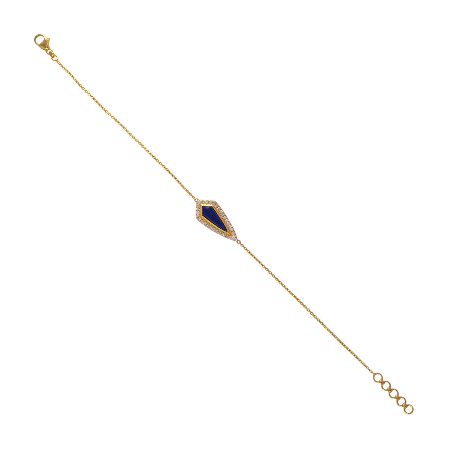 Women's Pear Shaped Lapis Bracelet With Pave Diamonds Made In 18k yellow Gold For Sale