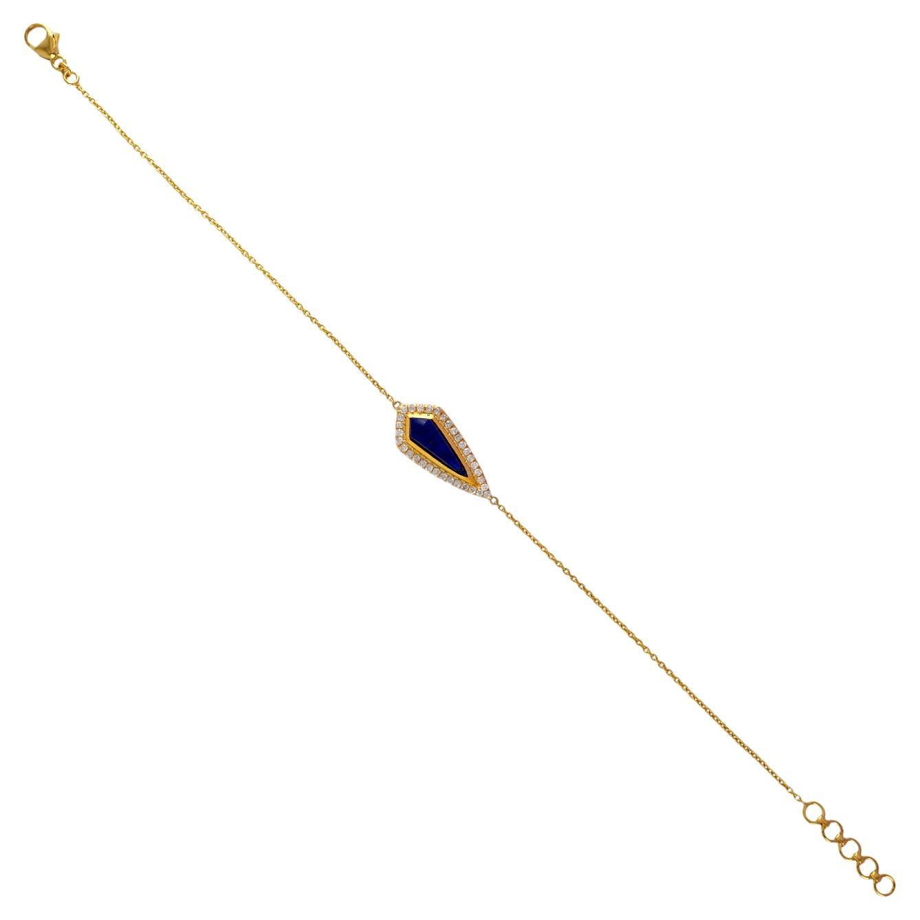 Pear Shaped Lapis Bracelet With Pave Diamonds Made In 18k yellow Gold For Sale