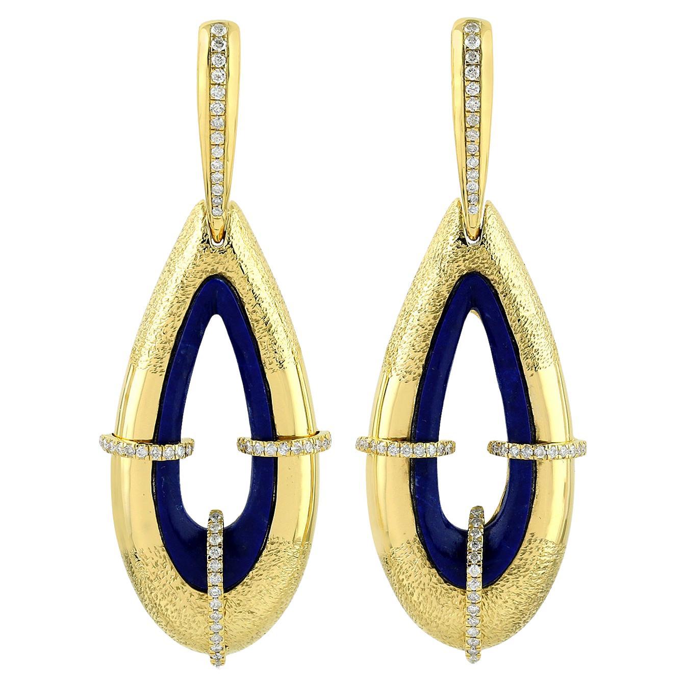 Pear Shaped Lapis Lazuli Dangle Earrings With Diamonds Made In 18k Yellow Gold