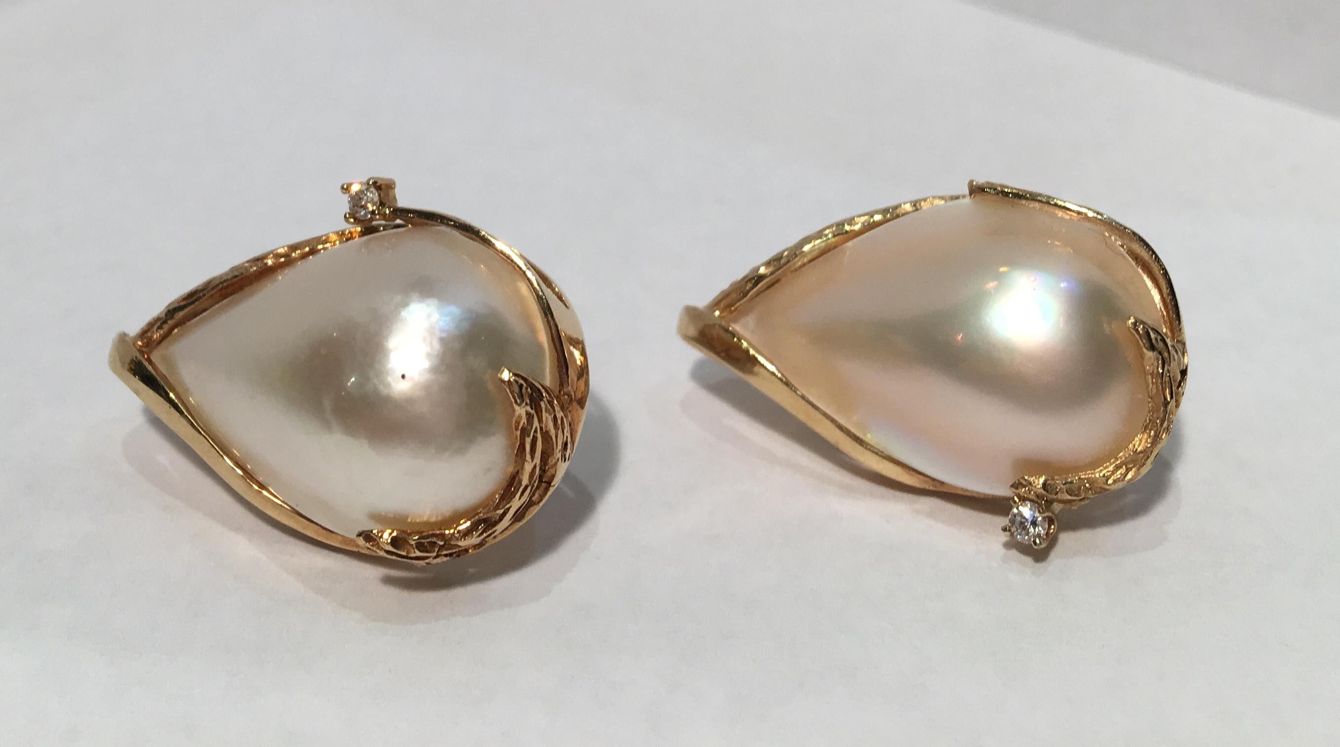 Contemporary Pear Shaped Mabe Pearl Diamond Leaf Pattern 14 Karat Gold Omega Back Earrings