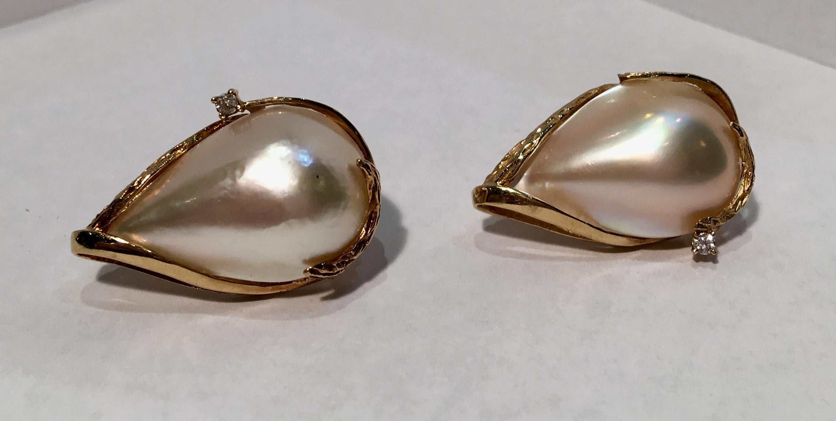Pear Cut Pear Shaped Mabe Pearl Diamond Leaf Pattern 14 Karat Gold Omega Back Earrings