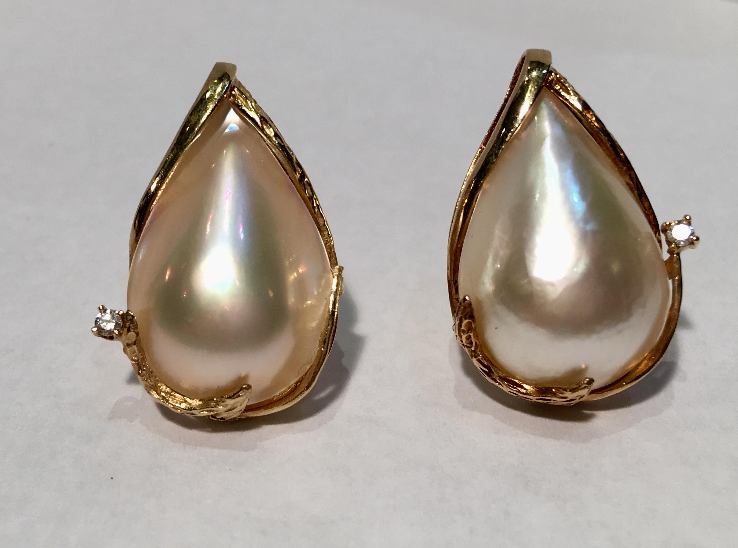 Pear Shaped Mabe Pearl Diamond Leaf Pattern 14 Karat Gold Omega Back Earrings In Excellent Condition In Tustin, CA