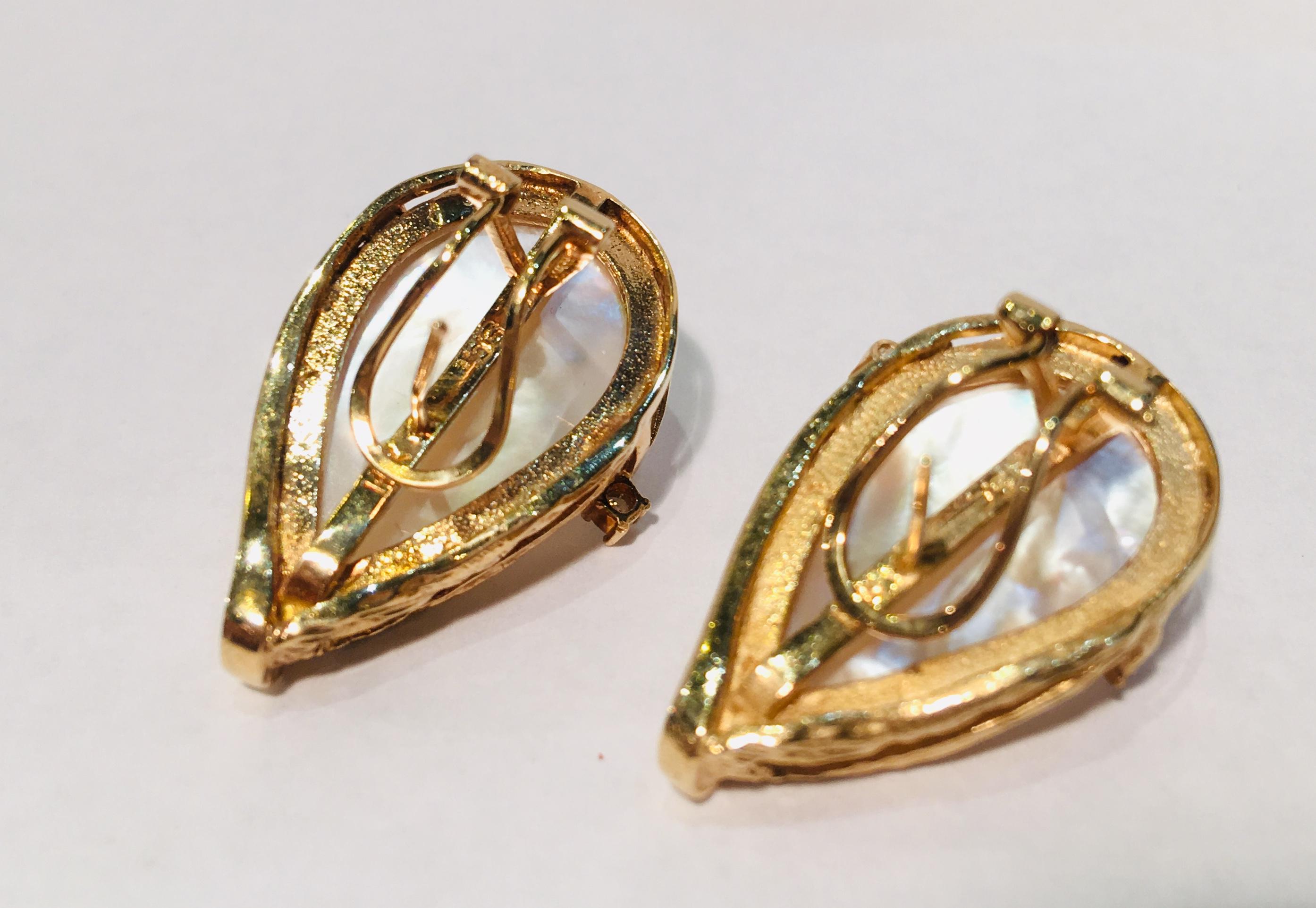 Women's Pear Shaped Mabe Pearl Diamond Leaf Pattern 14 Karat Gold Omega Back Earrings