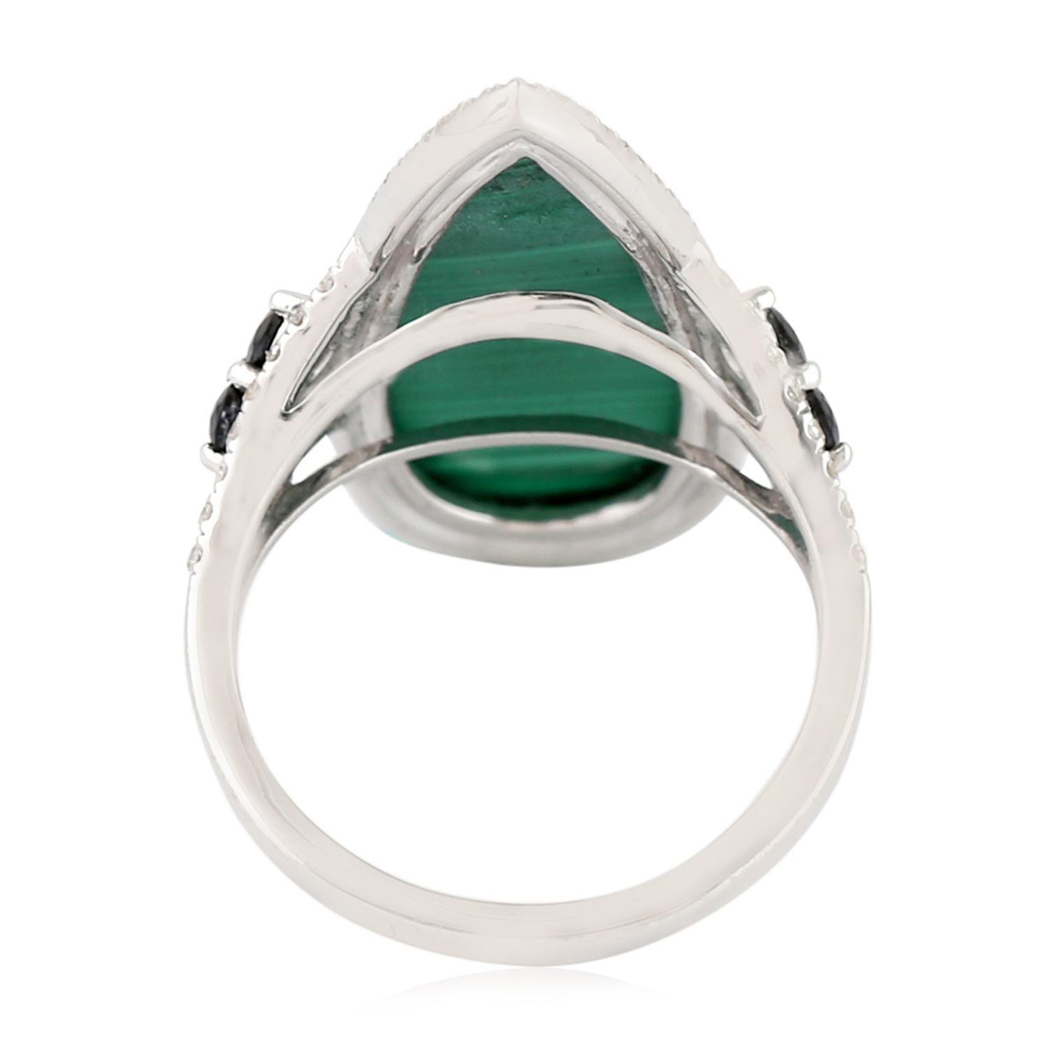Contemporary Pear Shaped Malachite Cocktail Ring With Spinel & Diamonds In 18k White Gold For Sale