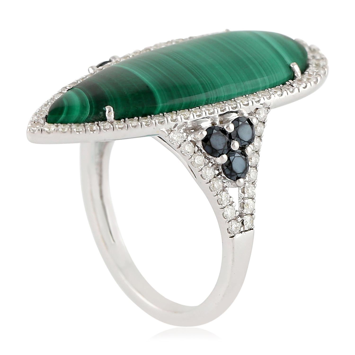 Mixed Cut Pear Shaped Malachite Cocktail Ring With Spinel & Diamonds In 18k White Gold For Sale