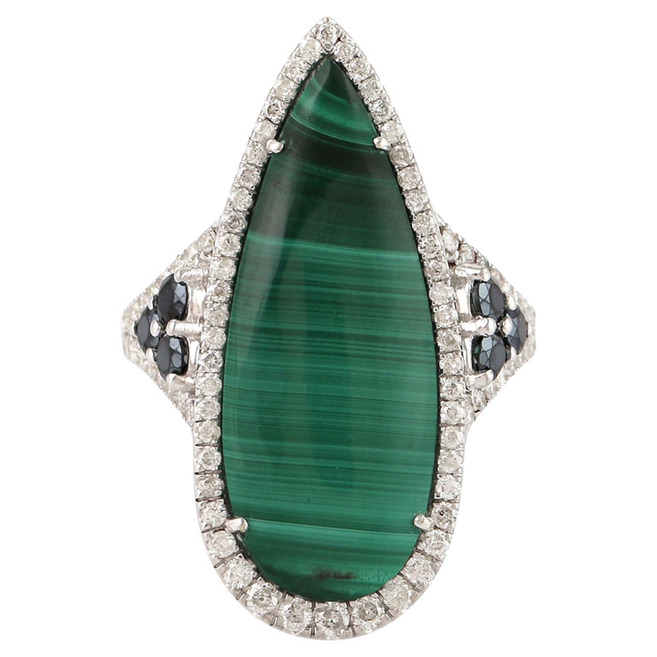 Pear Shaped Malachite Cocktail Ring With Spinel & Diamonds In 18k White Gold