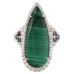 Pear Shaped Malachite Cocktail Ring With Spinel & Diamonds In 18k White Gold