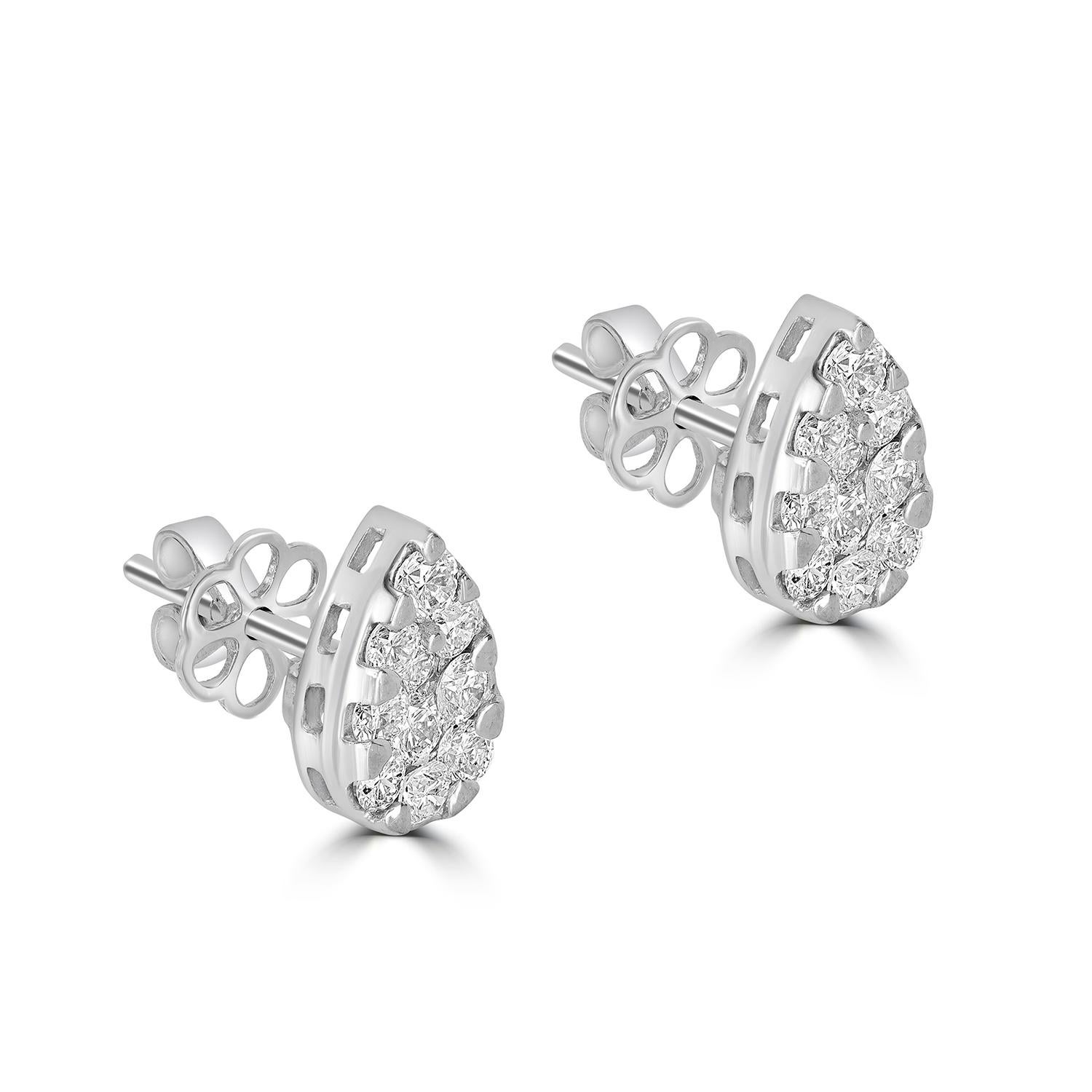 Art Deco Pear Shaped Minimal Stud Earrings Studded With Diamonds Made in 18k White Gold For Sale