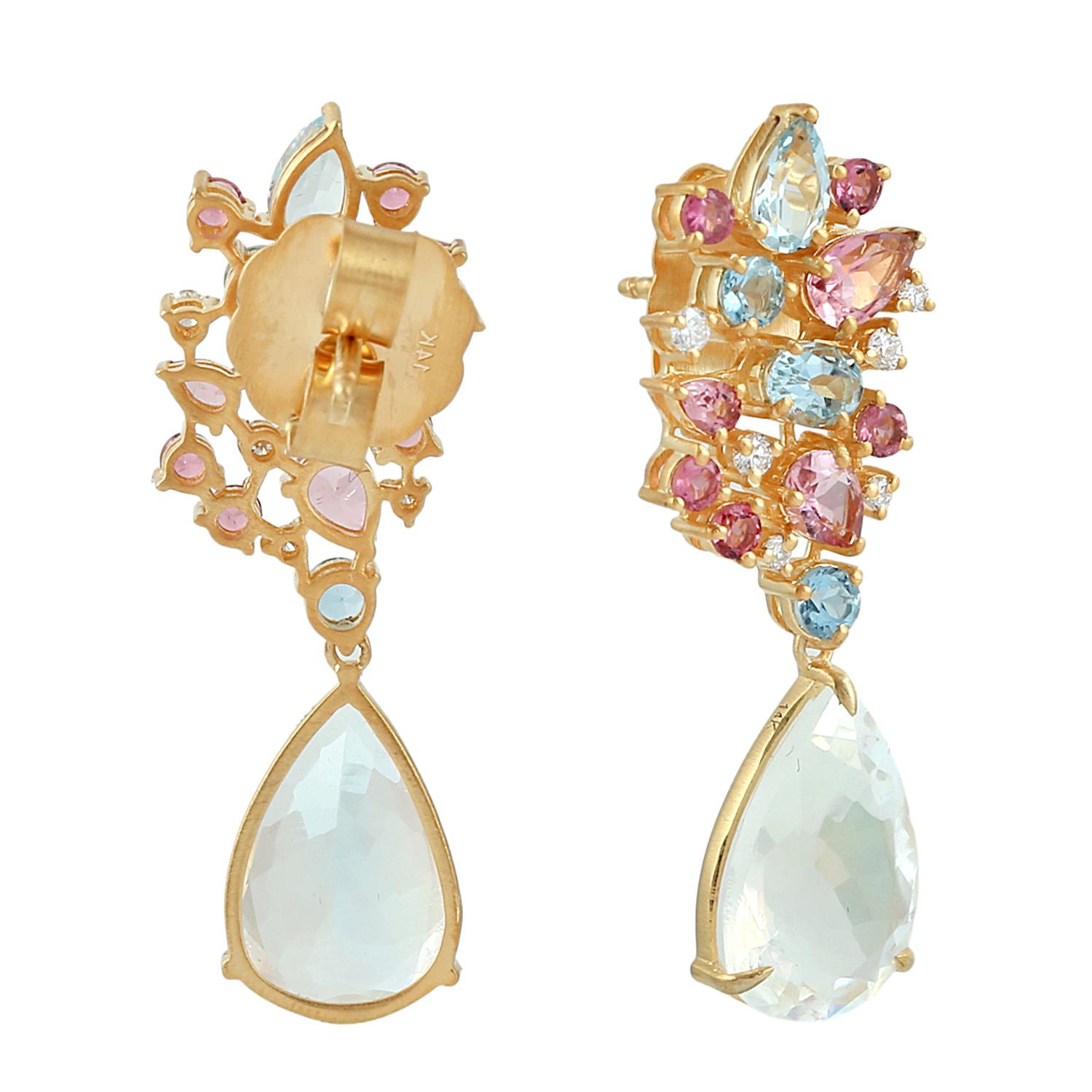 Art Deco Pear Shaped Moonstone Dangle Earrings With Multi Tourmaline & Diamonds For Sale