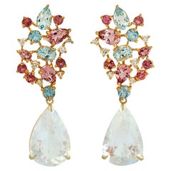 Pear Shaped Moonstone Dangle Earrings With Multi Tourmaline & Diamonds