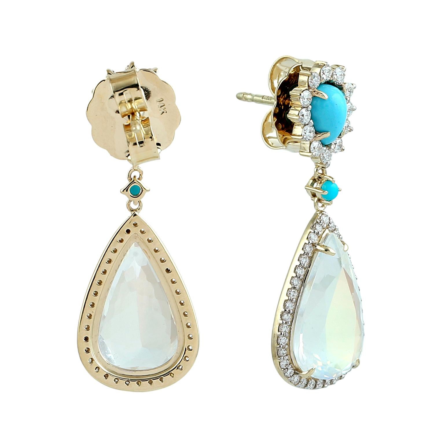 Artisan Pear Shaped Rainbow Moonstone Dangle Earrings With Turquoise & Diamonds For Sale