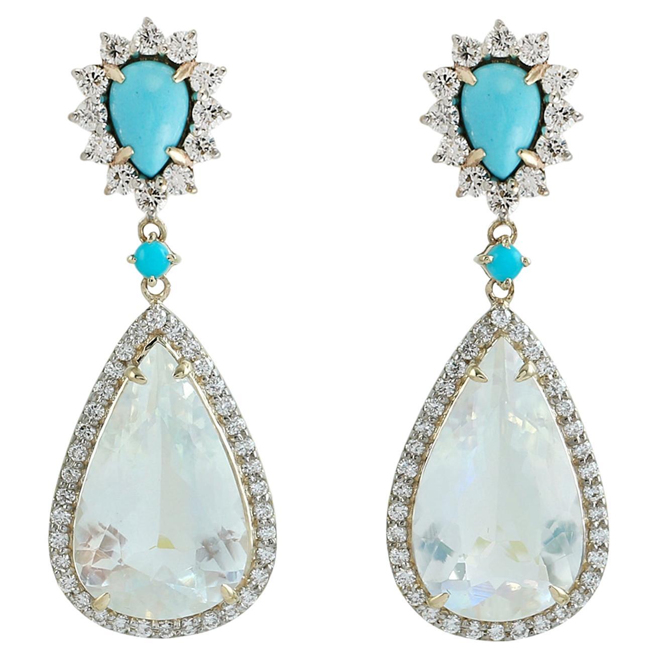 Pear Shaped Rainbow Moonstone Dangle Earrings With Turquoise & Diamonds For Sale