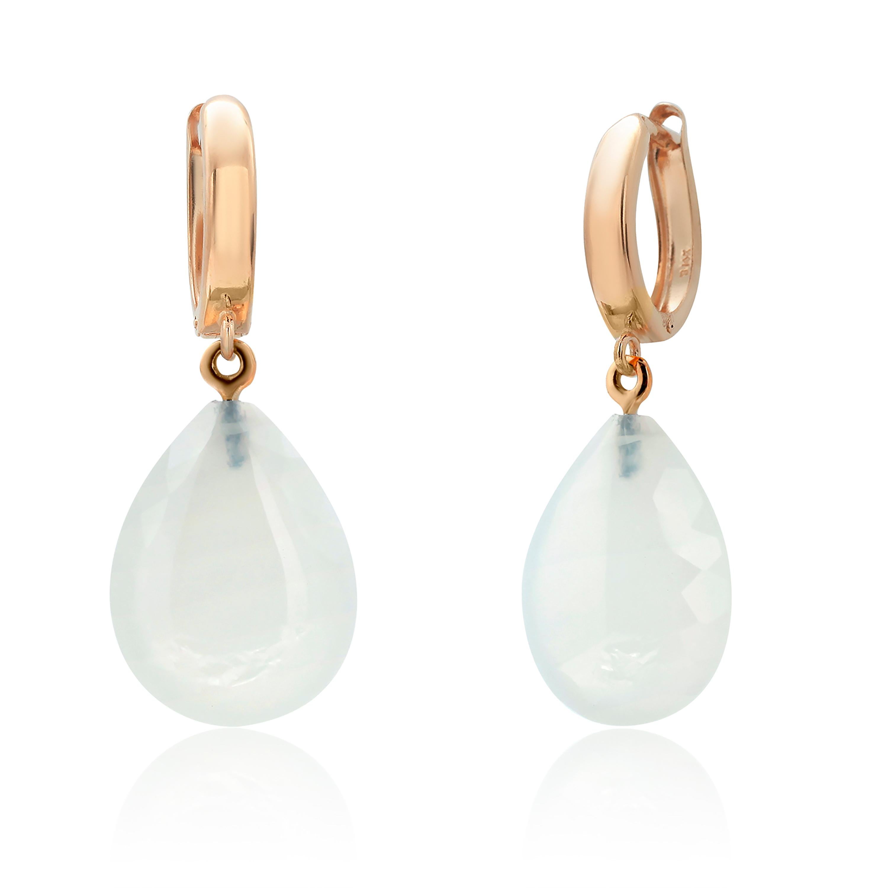 Pear Shaped Moonstone Drops Yellow Gold Huggie Lever Back Earrings 2