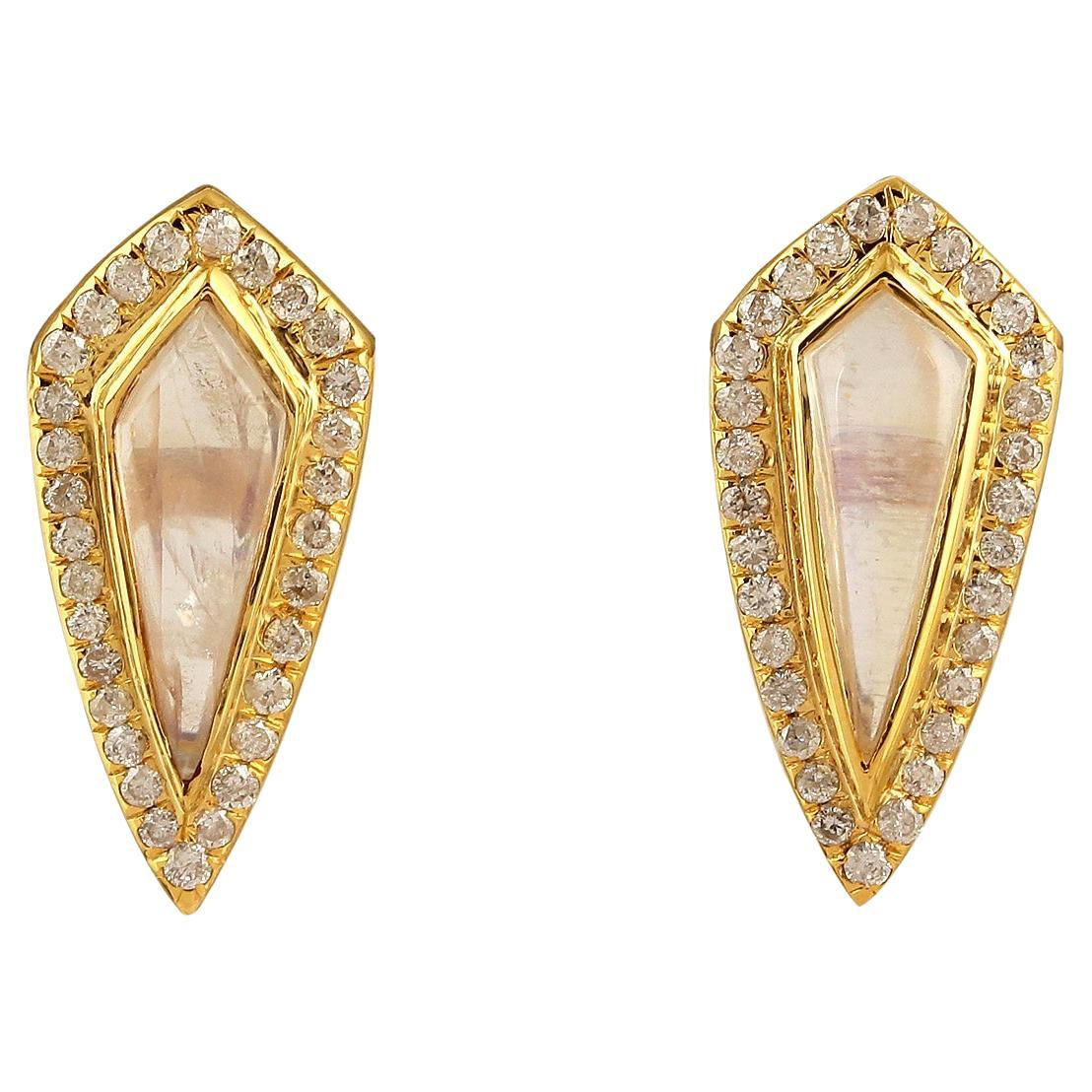 Pear Shaped Moonstone Studs With Pave Diamonds Made In 18k Yellow Gold For Sale