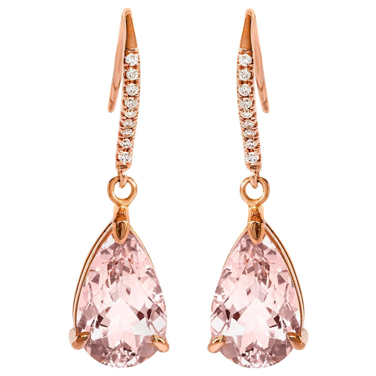 Pear Shaped Morganite and Diamond Drop Earrings Set in 18 Carat Rose Gold