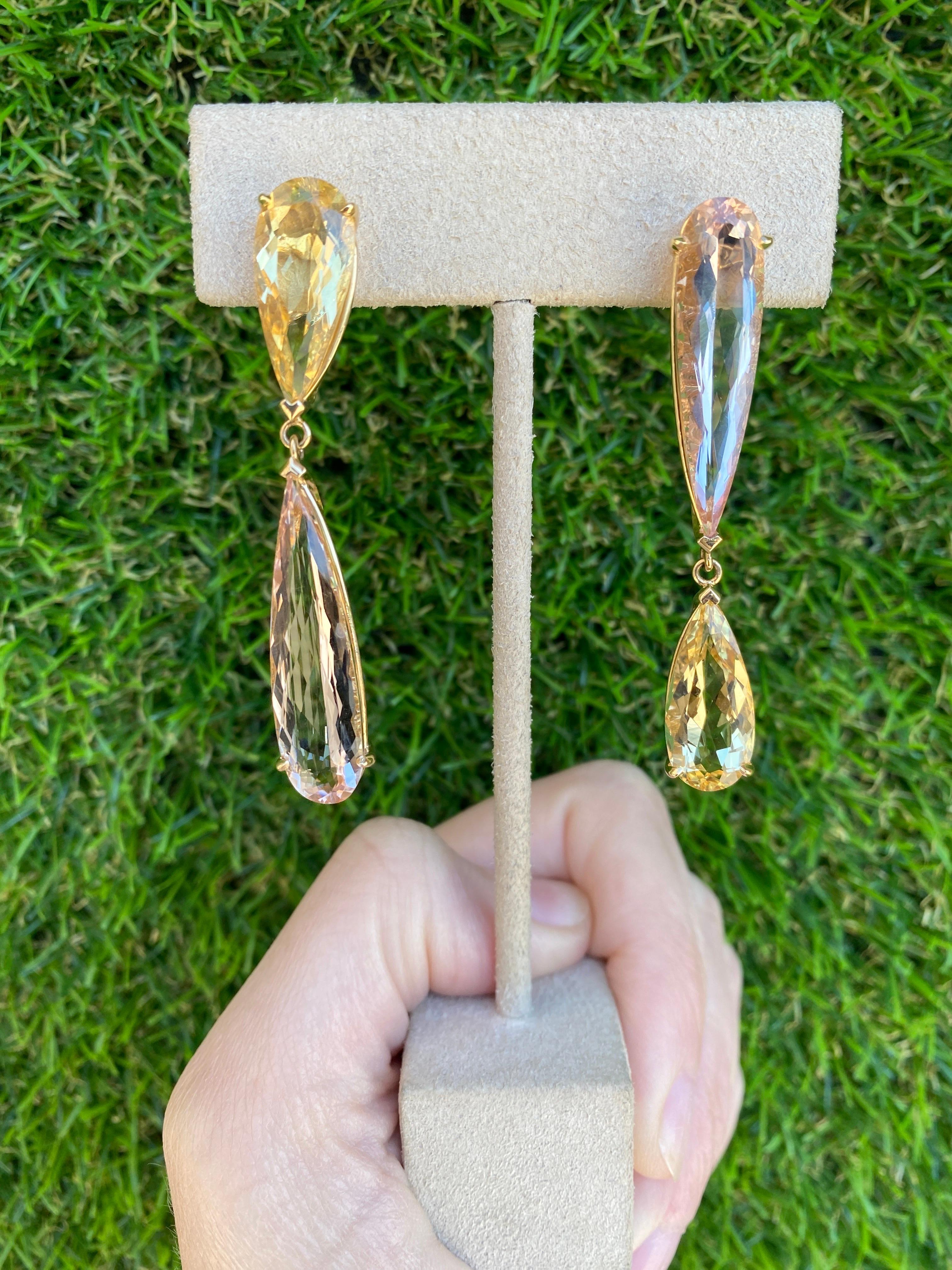 Pear Shaped Morganite and Yellow Beryl Dangling Earrings  For Sale 8