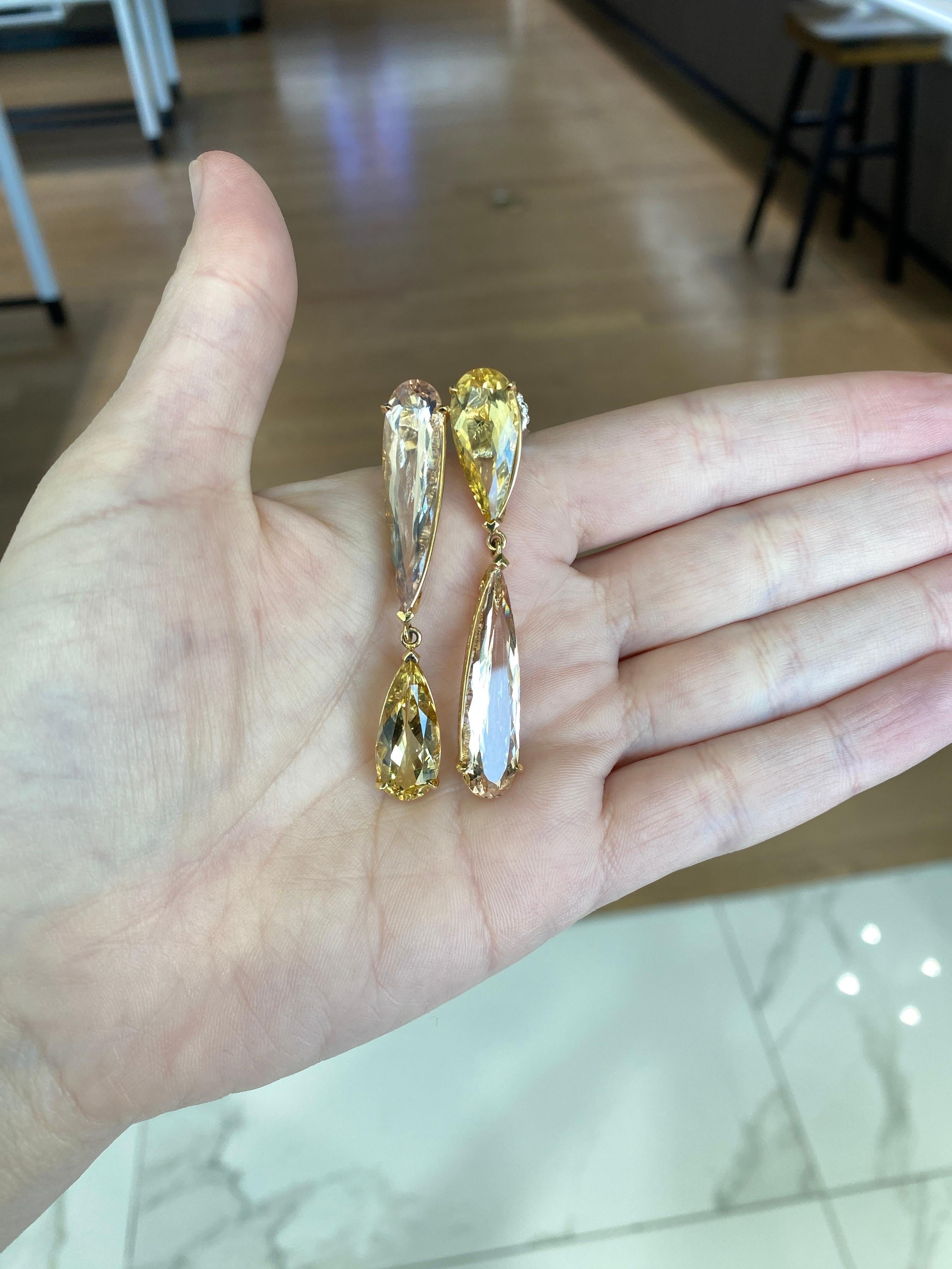 Pear Shaped Morganite and Yellow Beryl Dangling Earrings  In New Condition For Sale In Houston, TX