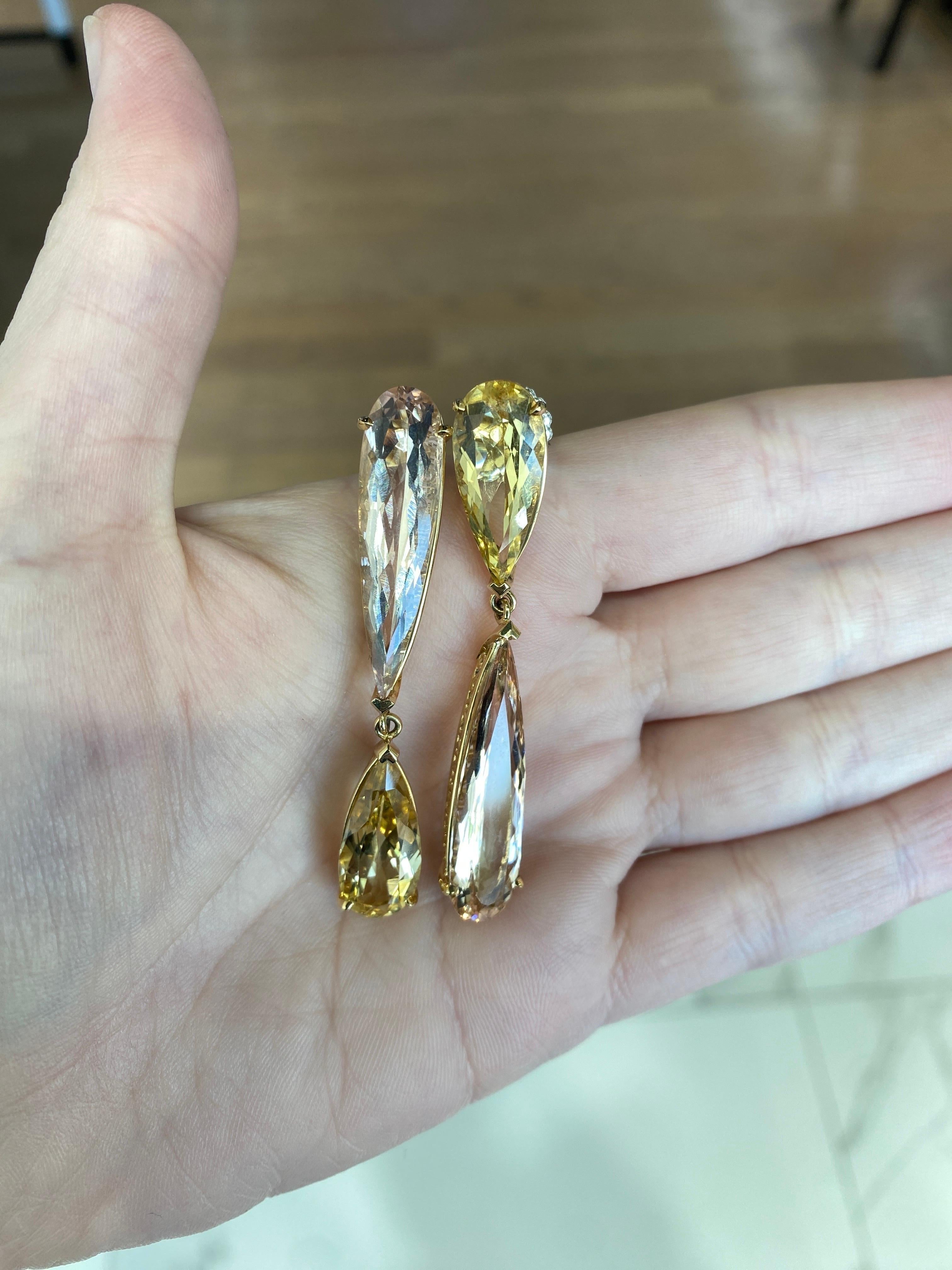 Boucles d'oreilles pendantes en forme de poire en Morganite et Béryl jaune  Unisexe en vente